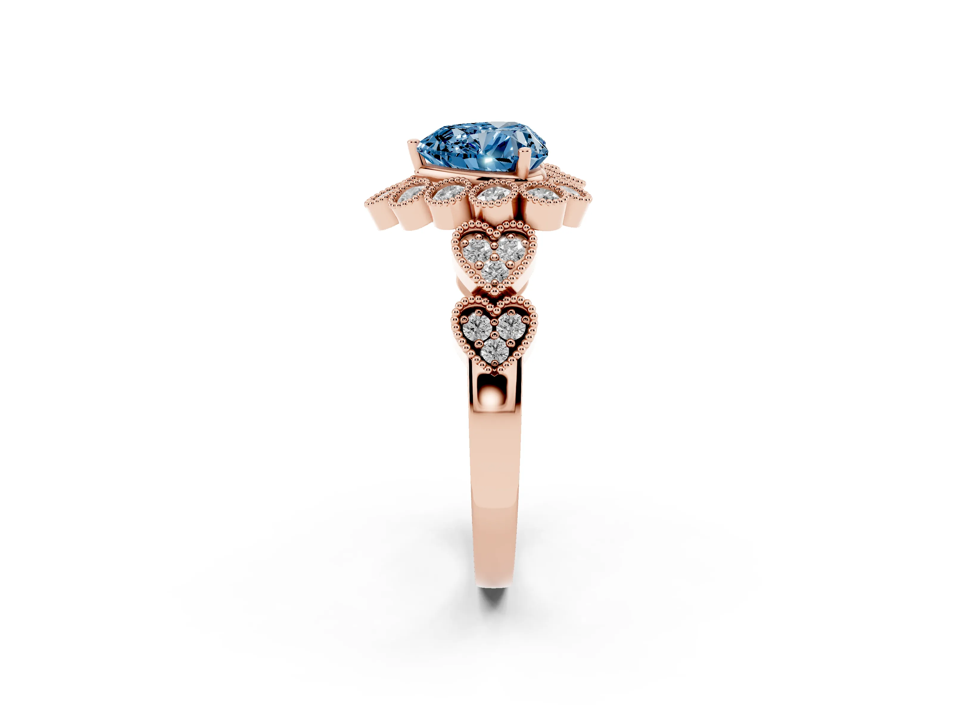 Fancy Blue Heart Cut Diamond Solitaire Ring Set in Rose gold with Milgrain Pavé Heart Band