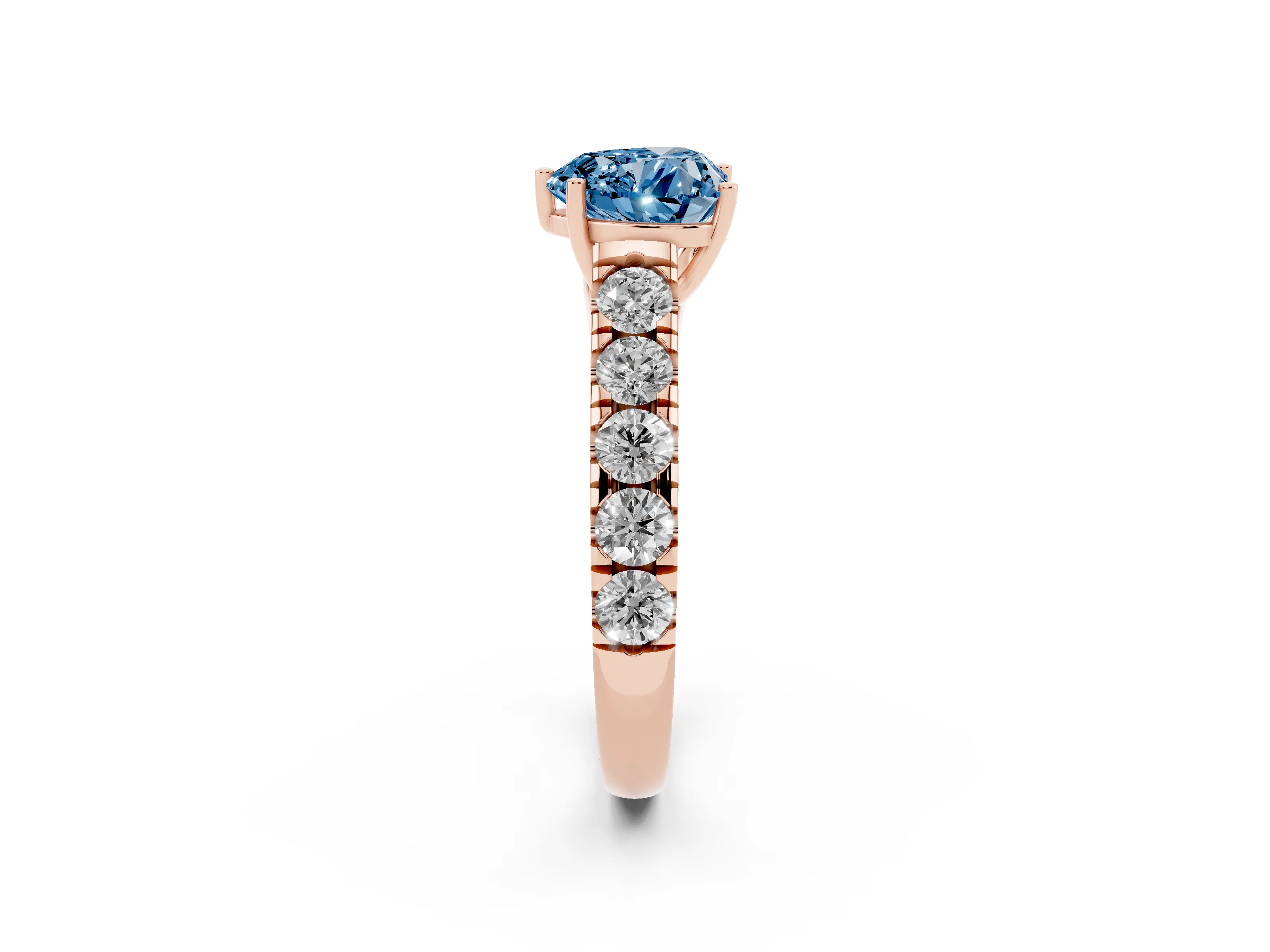 Fancy Blue Heart Cut Diamond Solitaire Ring Set in Rose gold with Cut-Down Micro Pavé Band and Prong Setting