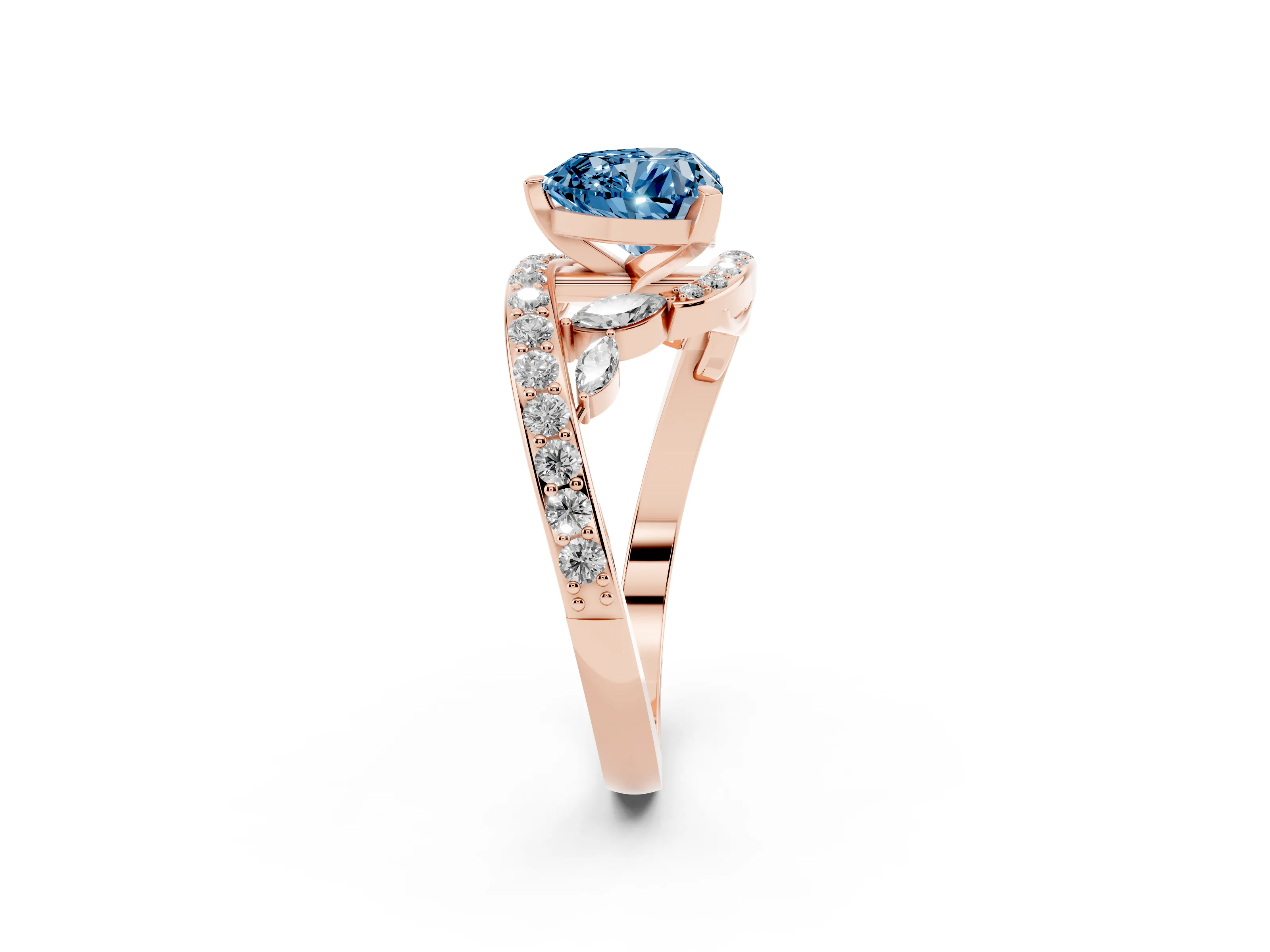 Fancy Blue Heart Cut Diamond Solitaire Ring Set in Rose gold with Pavé Twist Band and Secure Prong Setting