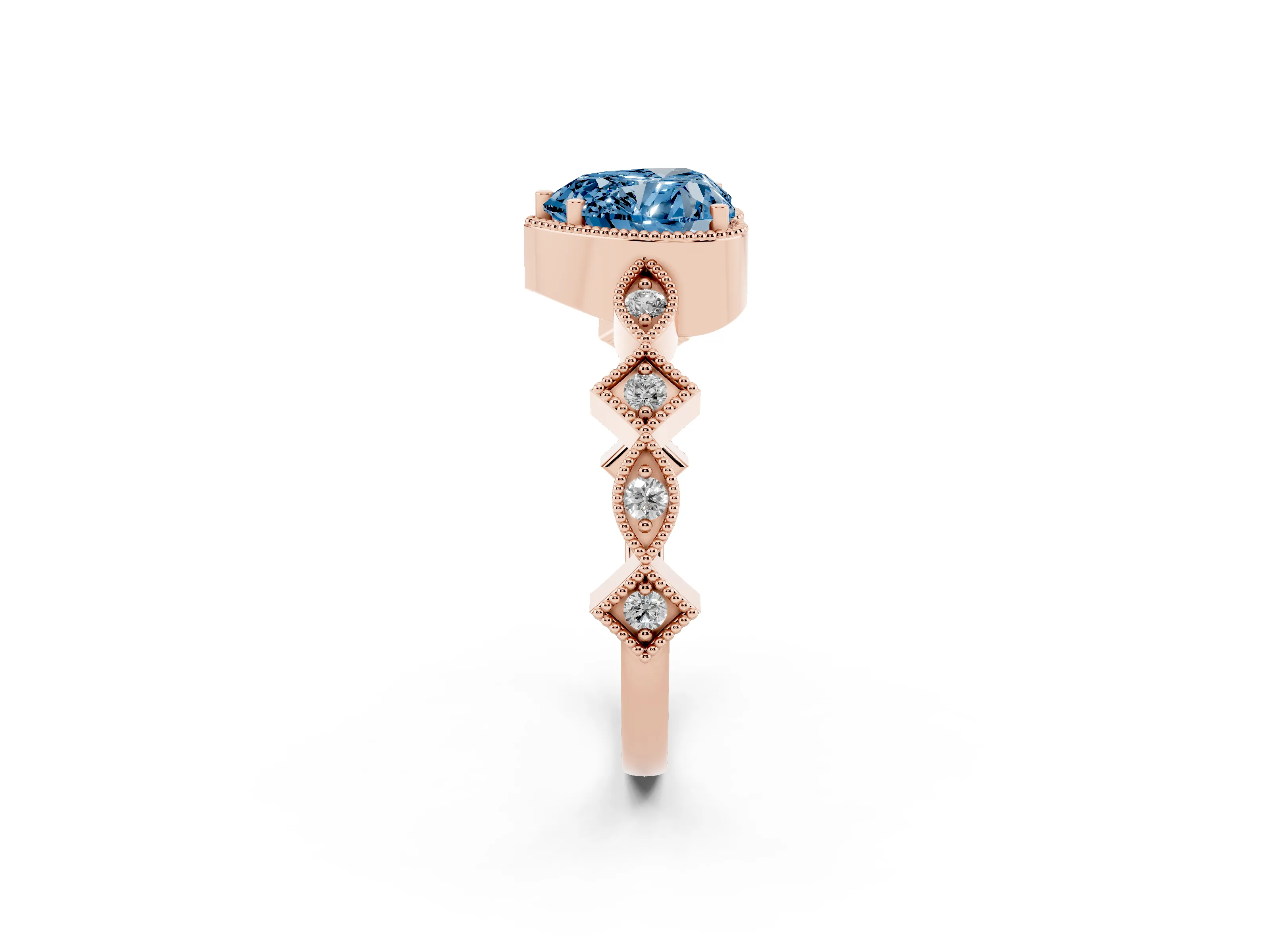Fancy Blue Heart Cut Diamond Milgrain Marquise Twist Band Ring Set in Rose gold with Prong Setting