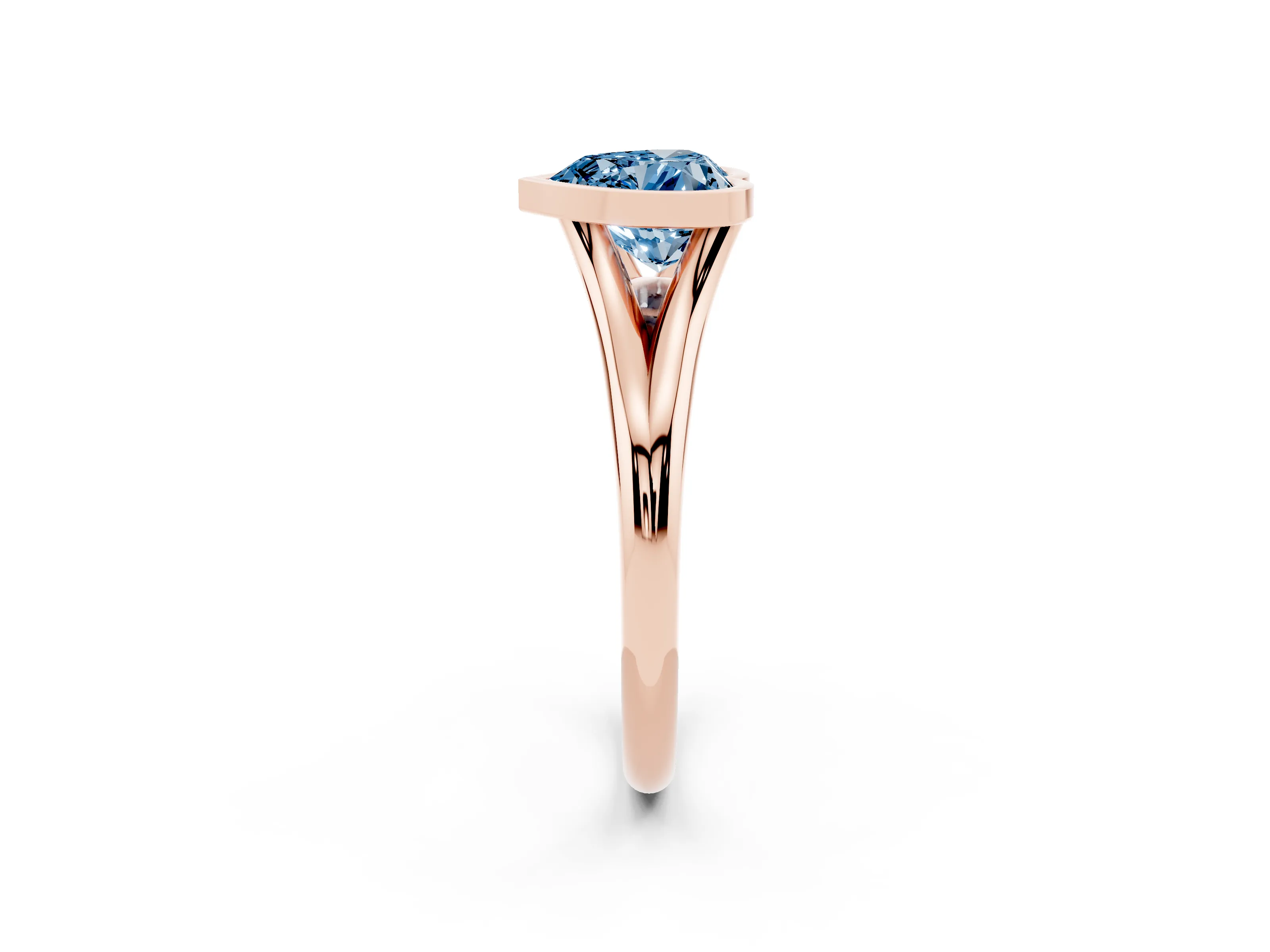 Fancy Blue Bezel Set Heart Cut Diamond Solitaire Ring Set in Rose gold with Tapered Band