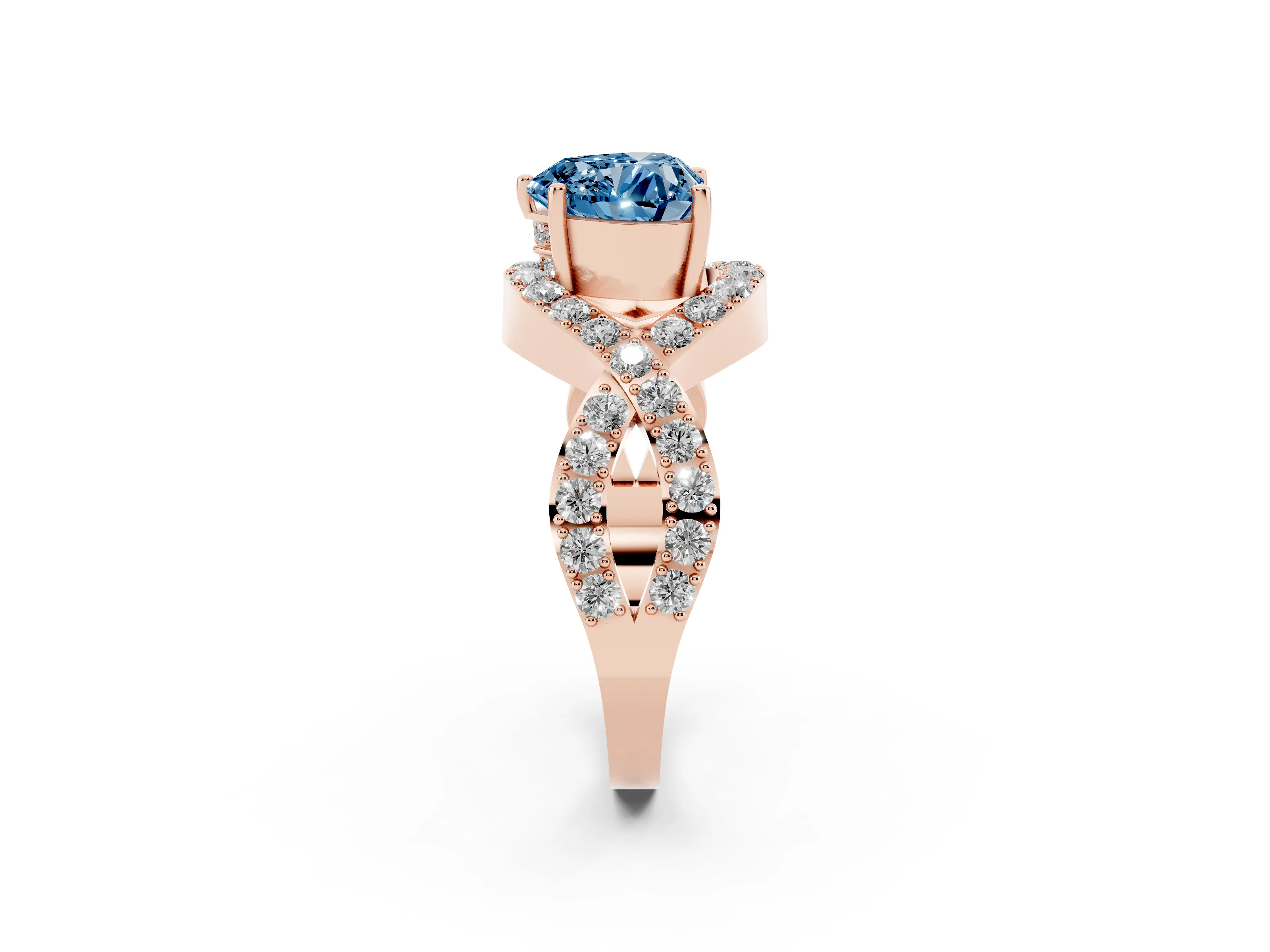 Fancy Blue Heart Cut Diamond Solitaire Twist Band Pavé Engagement Ring Set in Rose gold