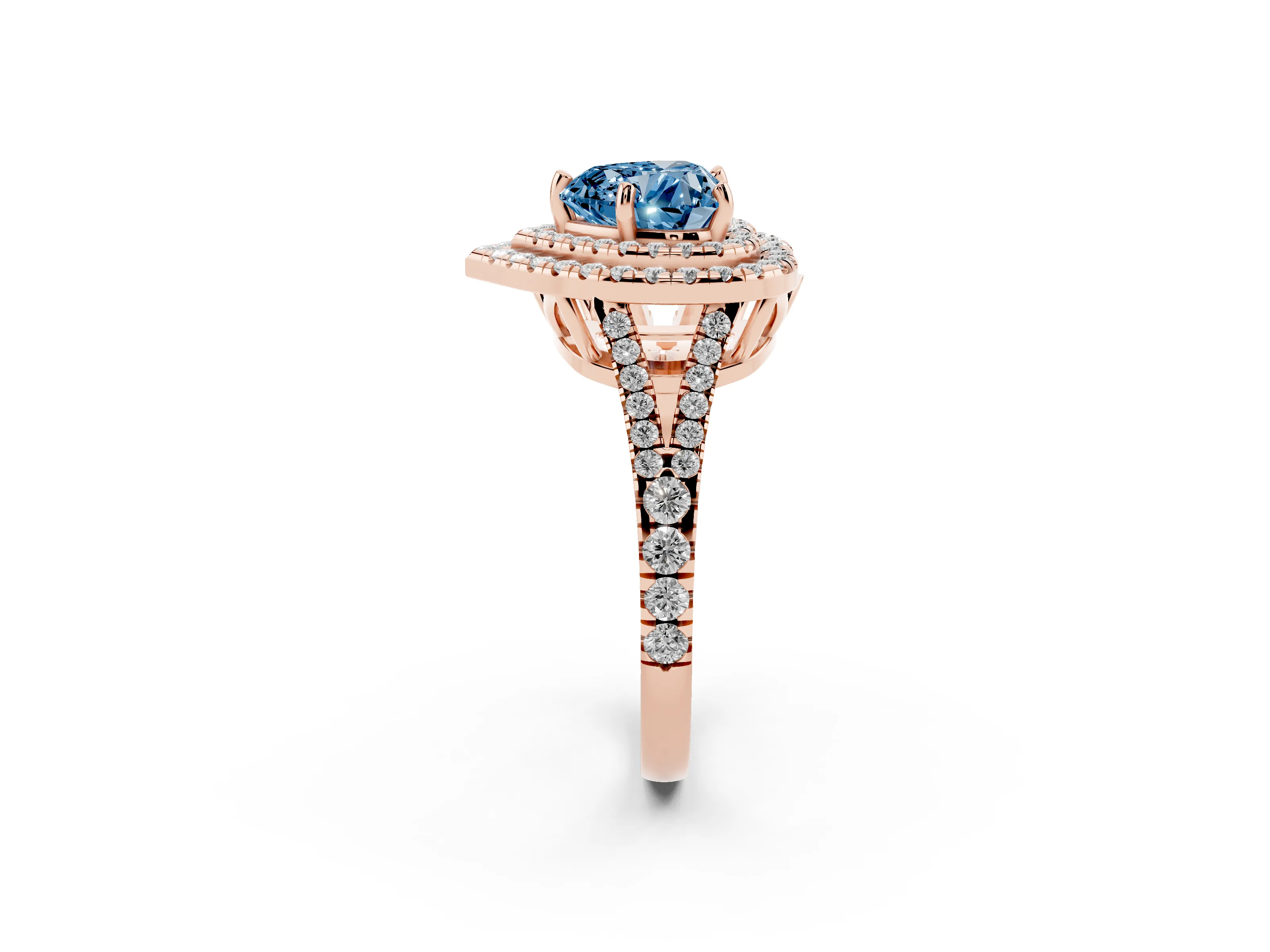 Fancy Blue Heart Cut Diamond Double Halo Ring Set in Rose gold with Pavé Band