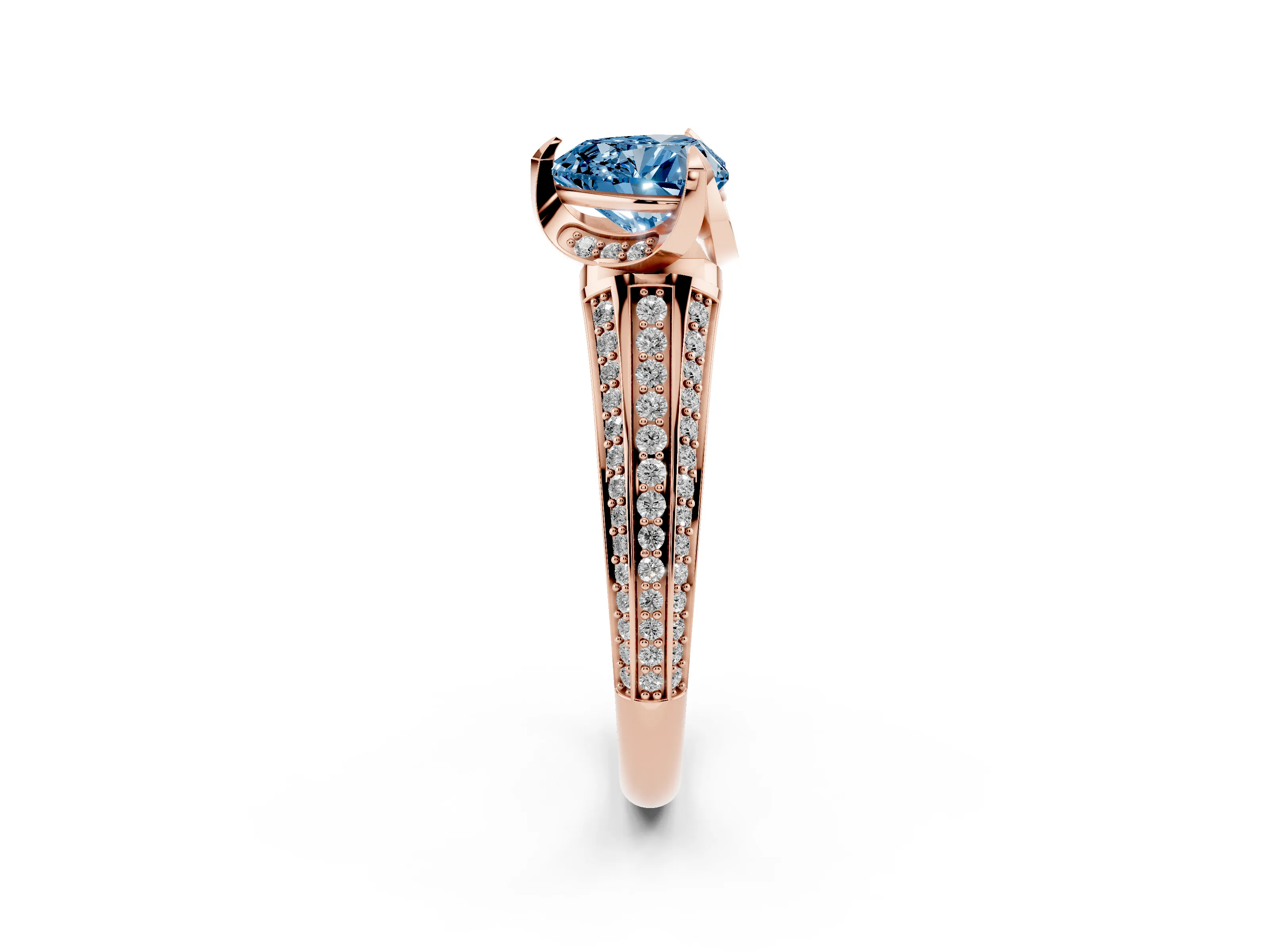Fancy Blue Heart Cut Diamond Pavé Split Shank Solitaire Ring Set in Rose gold with Prong Setting