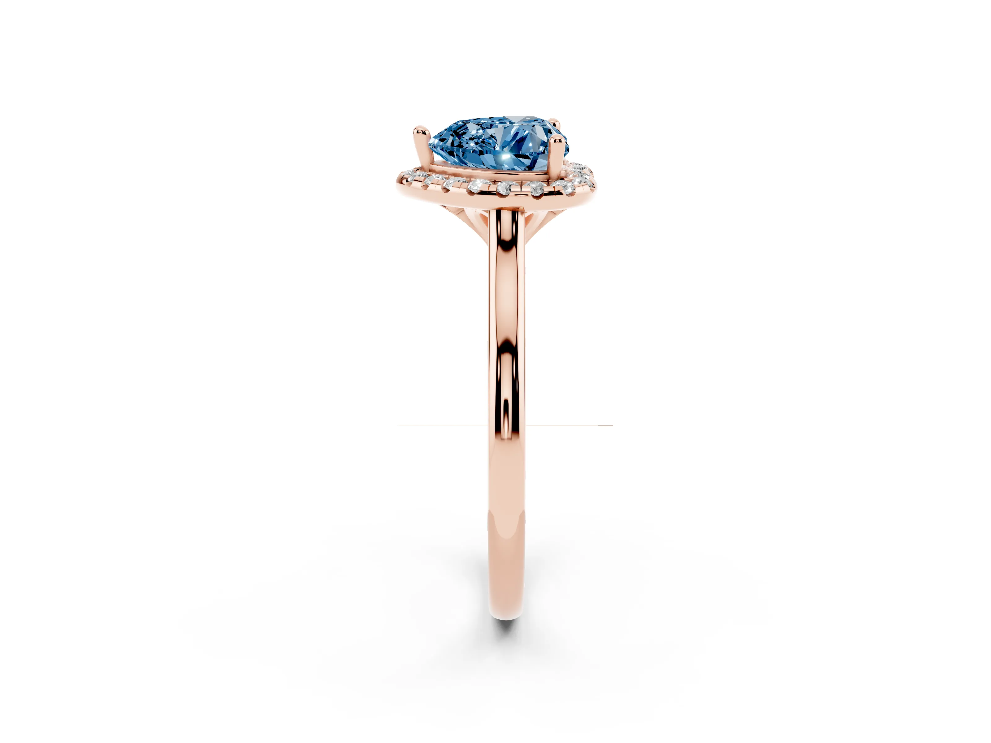 Fancy Blue Heart Cut Diamond Halo Engagement Ring Set in Rose gold with Pavé Band and Rising Shoulders