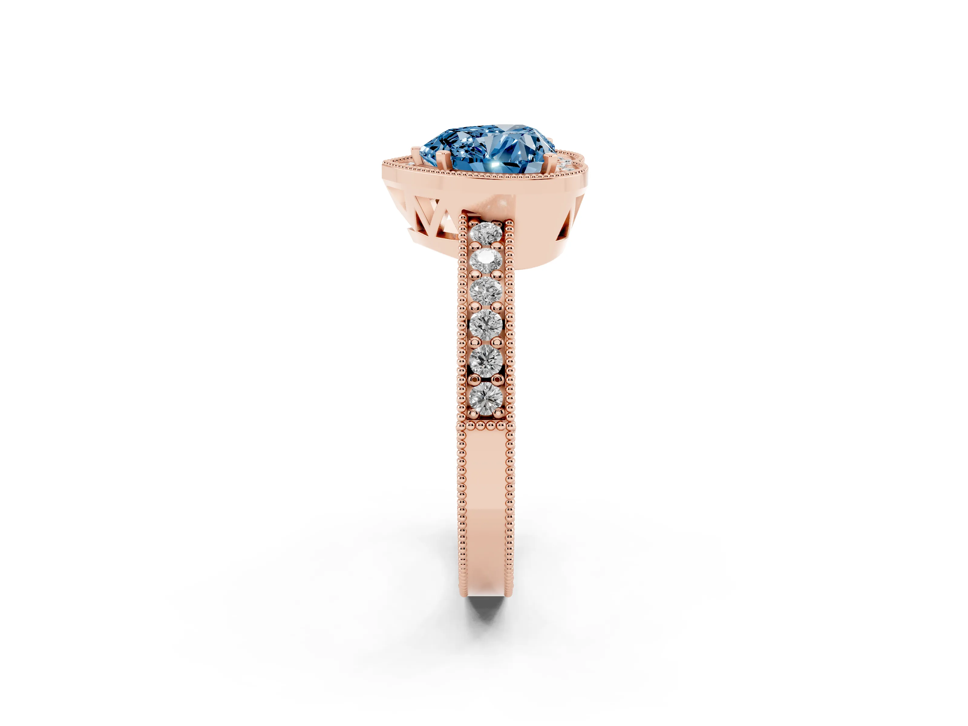 Fancy Blue Heart Cut Diamond Halo Pavé Band Ring Set in Rose gold with Prong-Set Center