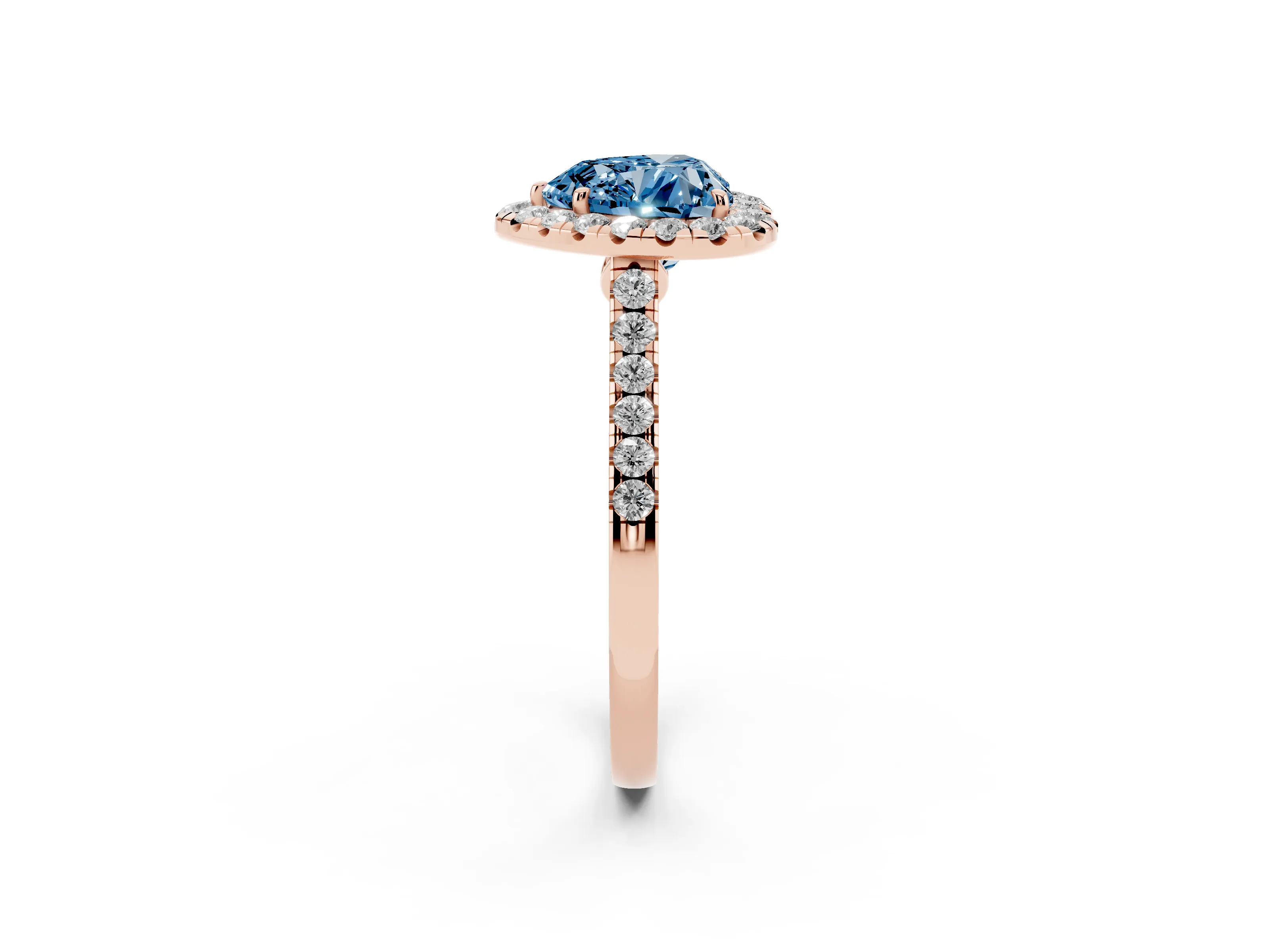Fancy Blue Heart Cut Diamond Halo Pavé Engagement Ring Set in Rose gold with Prong Setting