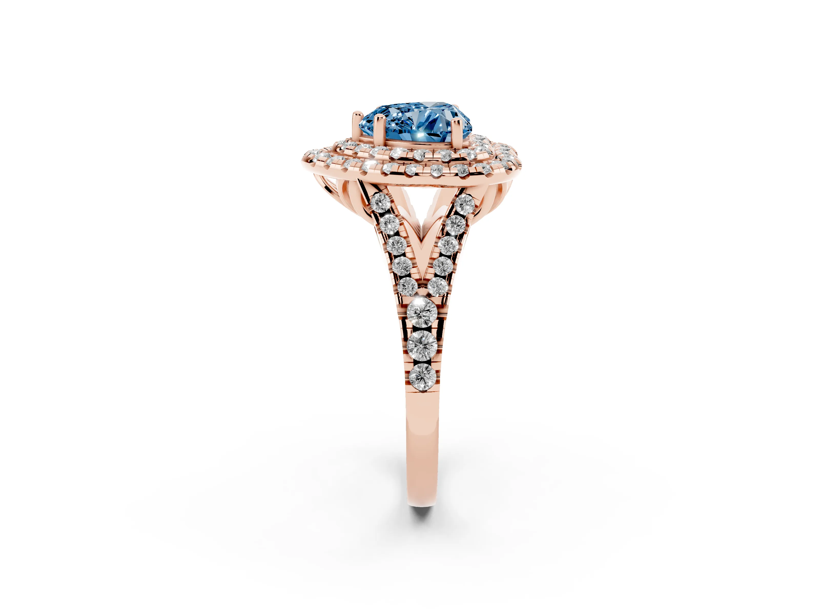Fancy Blue Heart Cut Diamond Double Halo Ring Set in Rose gold with Pavé Split Shank and Prong Setting