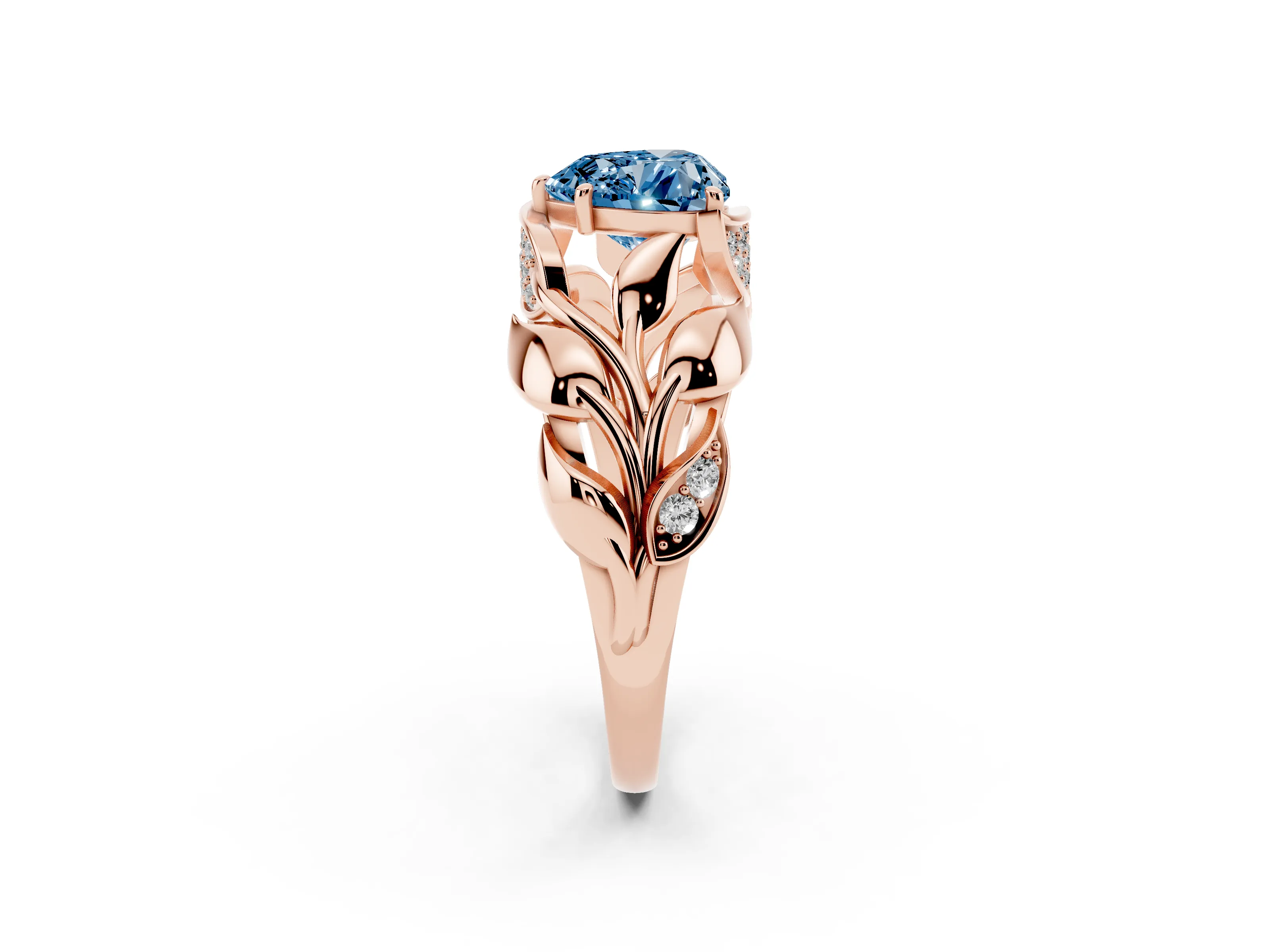 Fancy Blue Heart Cut Diamond Leaf-Inspired Engagement Ring Set in Rose gold with Round Accents