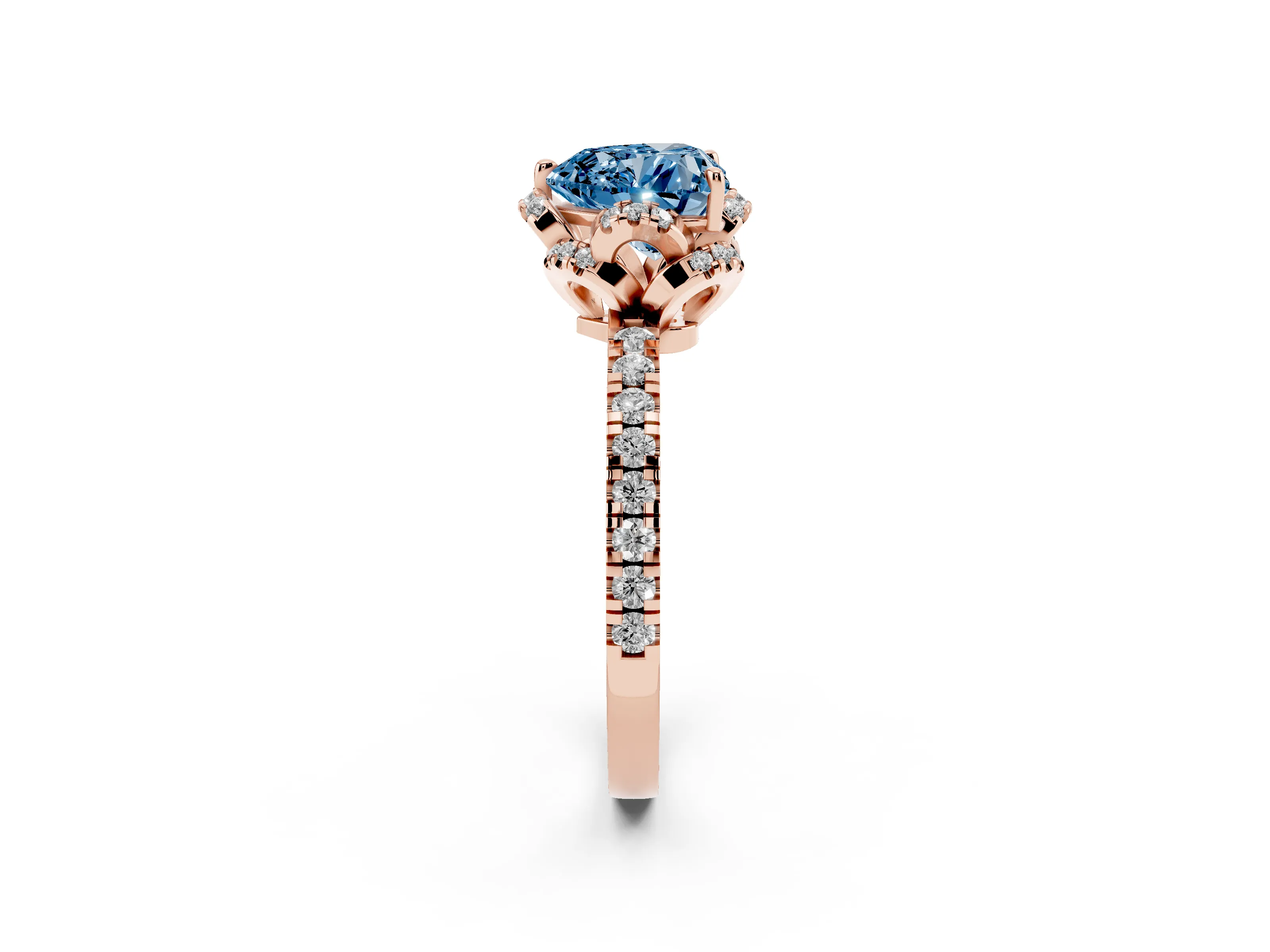 Fancy Blue Heart Cut Diamond Halo Pavé Band Ring Set in Rose gold with Prong-Held Center