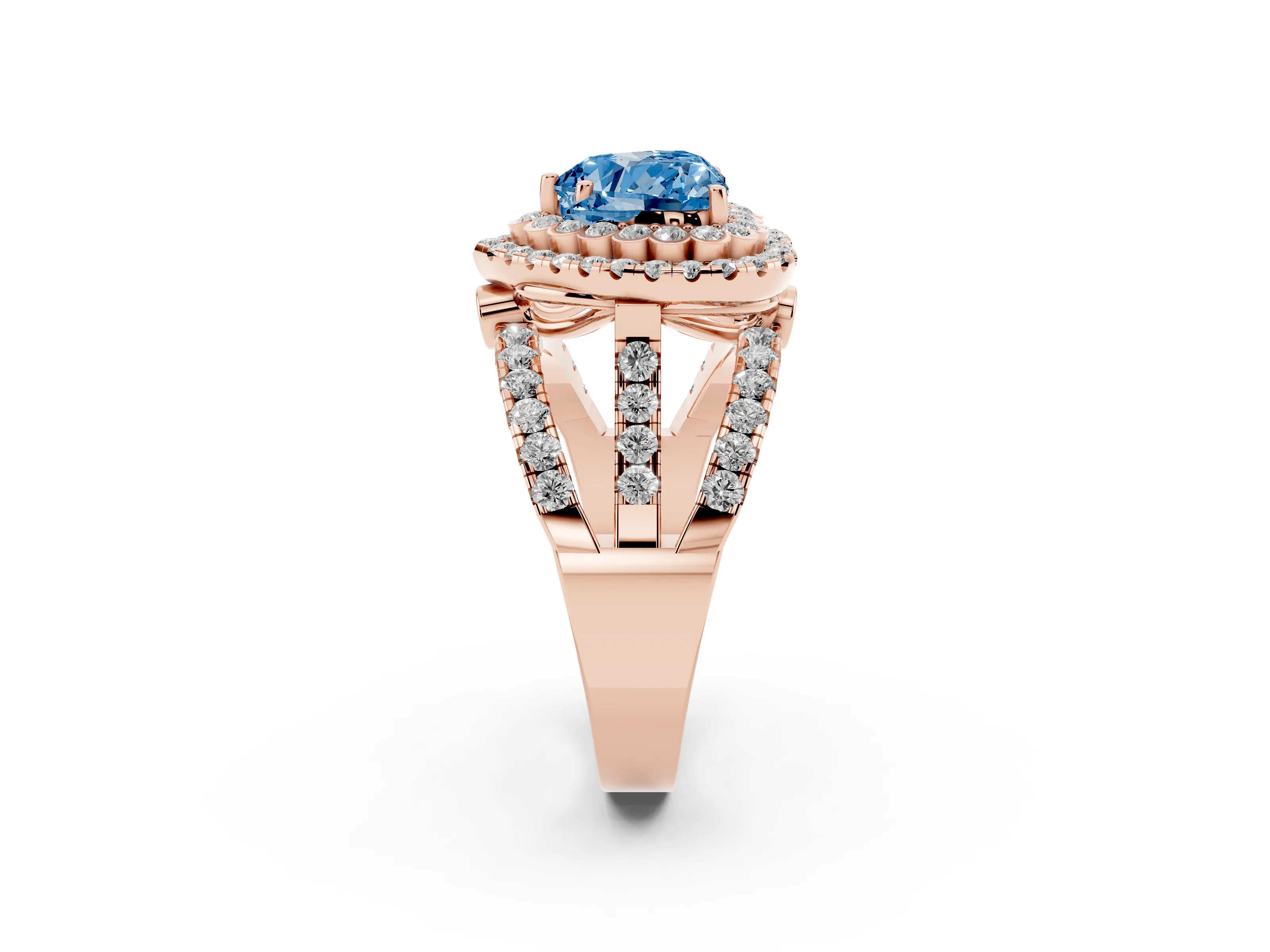 Fancy Blue Heart Cut Diamond Double Halo Ring Set in Rose gold with Round Pavé Split Shank
