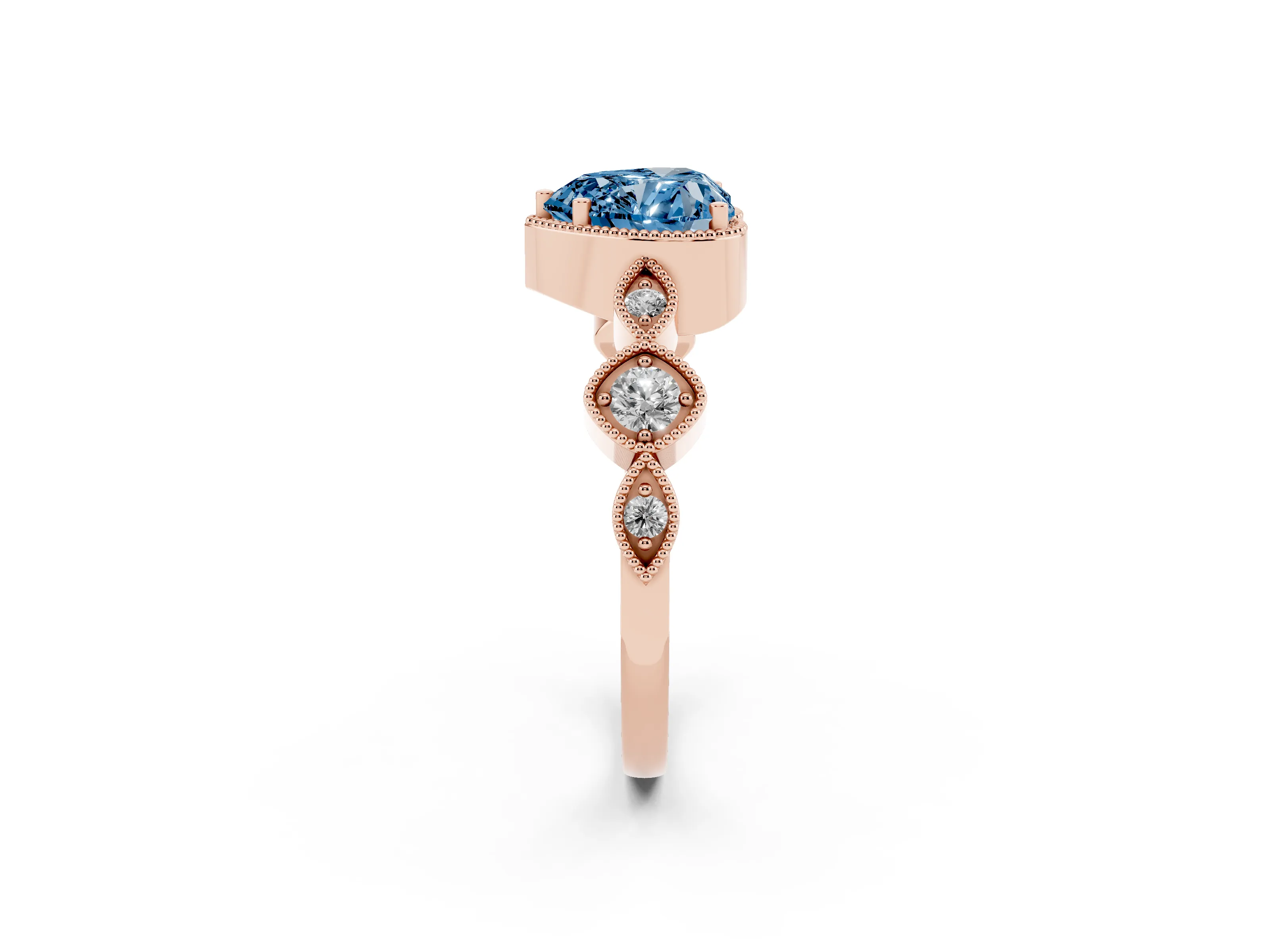 Fancy Blue Heart Cut Diamond Vintage-Inspired Milgrain Ring Set in Rose gold with Marquise Stations of Round Accents
