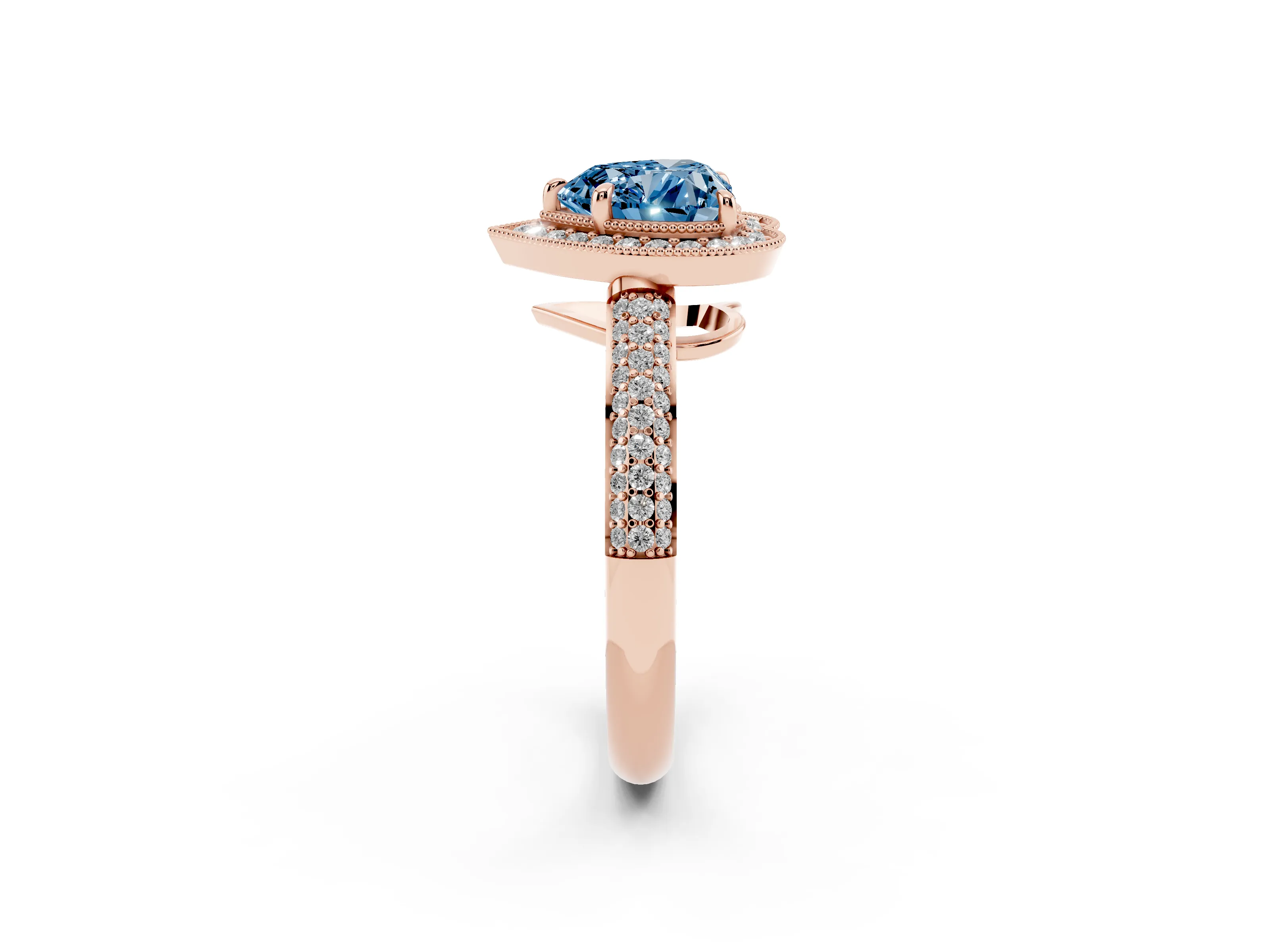 Fancy Blue Heart Cut Diamond Halo Pavé Band Set in Rose gold with Prong Setting
