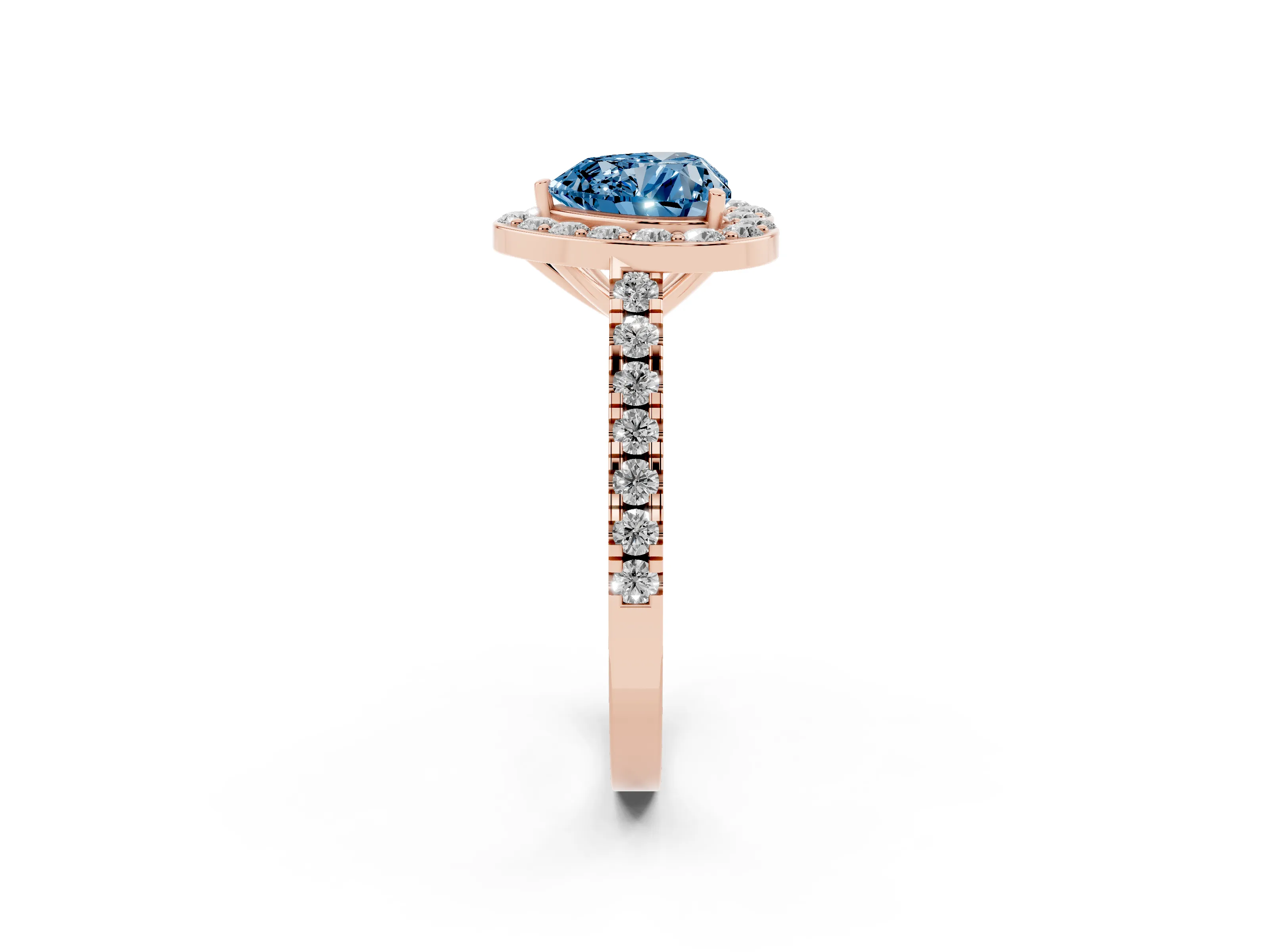 Fancy Blue Heart Cut Diamond Halo Ring Set in Rose gold with Round Pavé Split Shank and Prong Setting