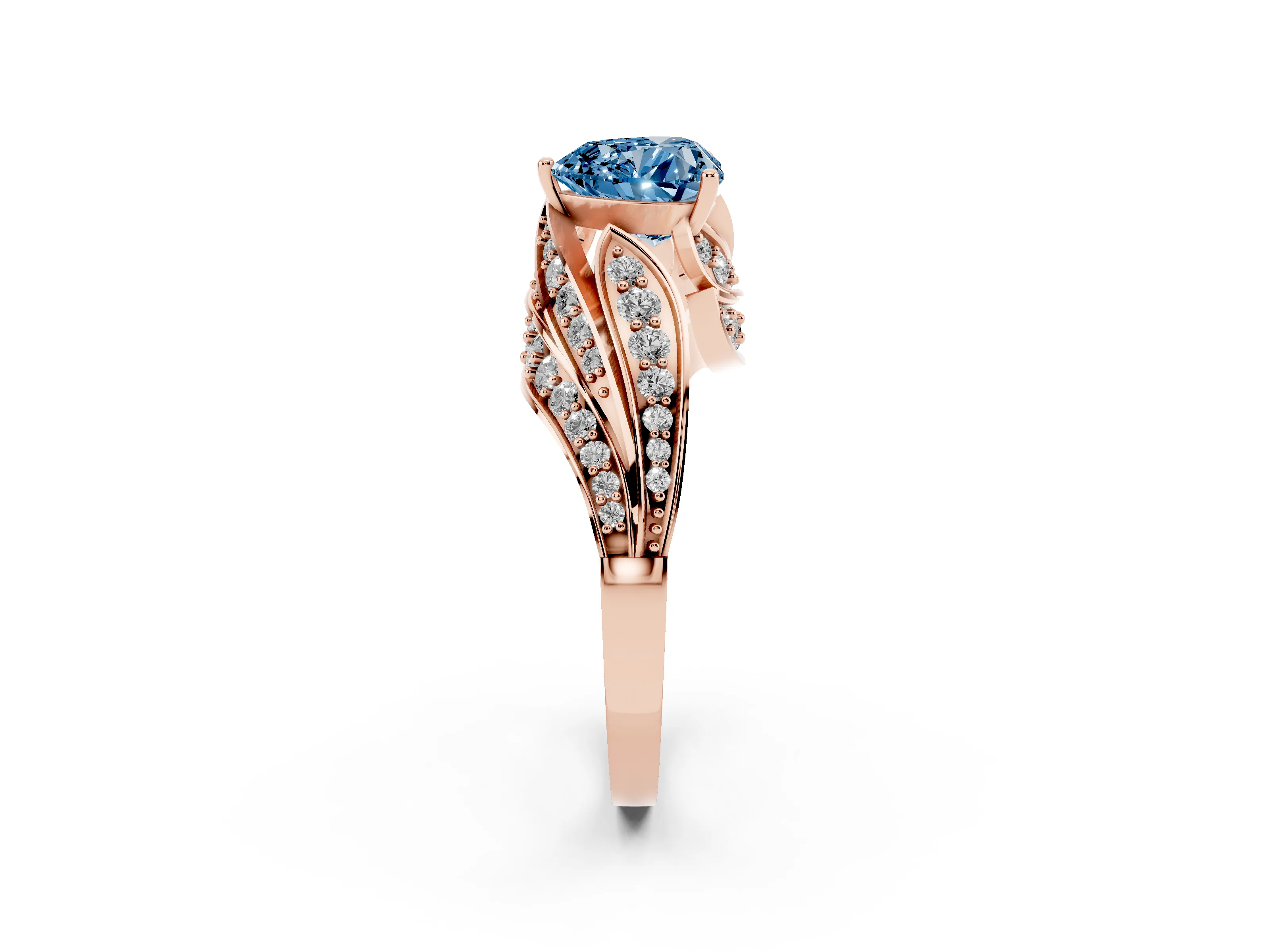 Fancy Blue Heart Cut Diamond Solitaire Ring Set in Rose gold with Layered Twist Pavé Band