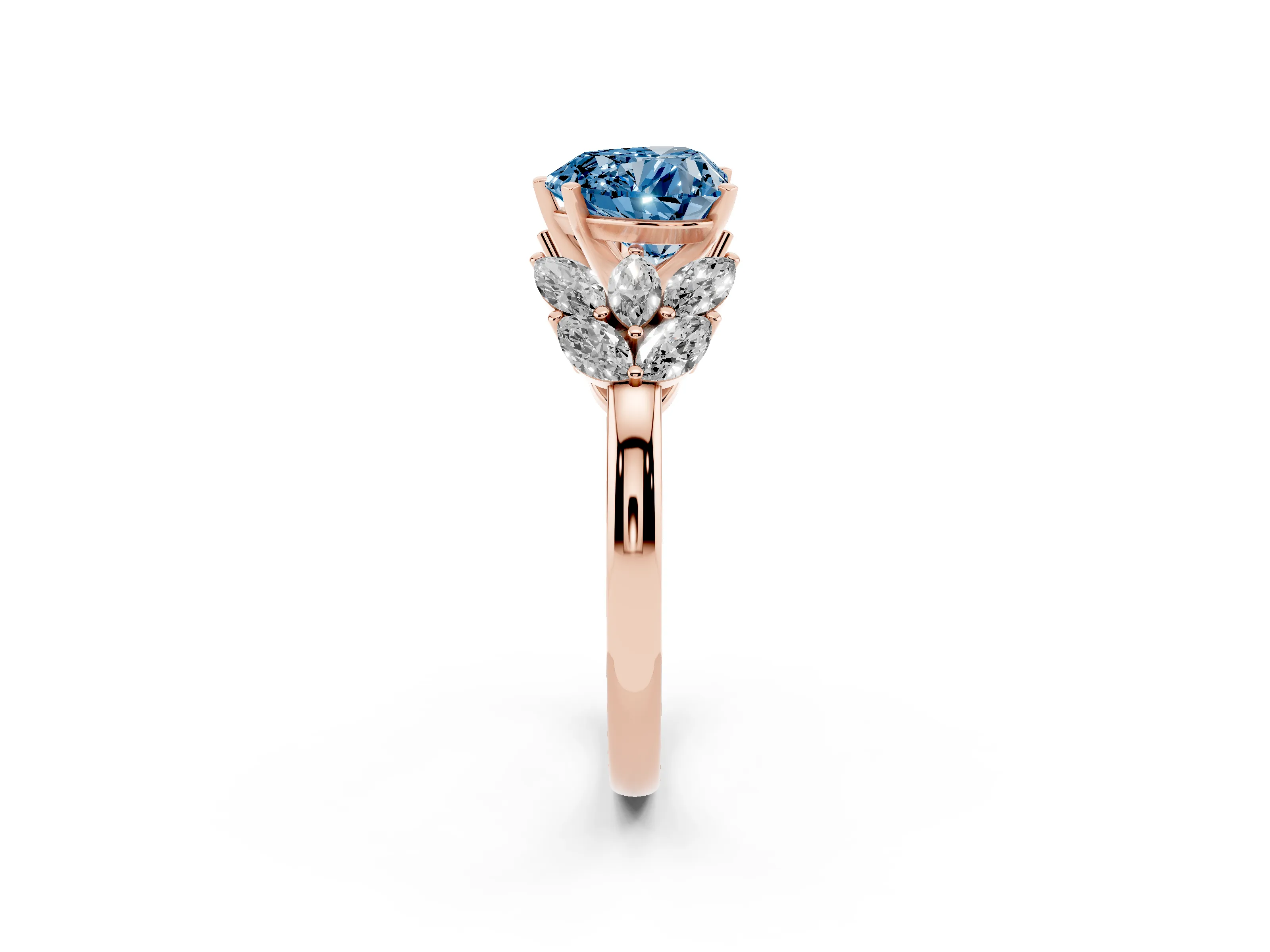 Fancy Blue Heart Cut Diamond Cluster Leaf Design Ring Set in Rose gold with Prong Setting
