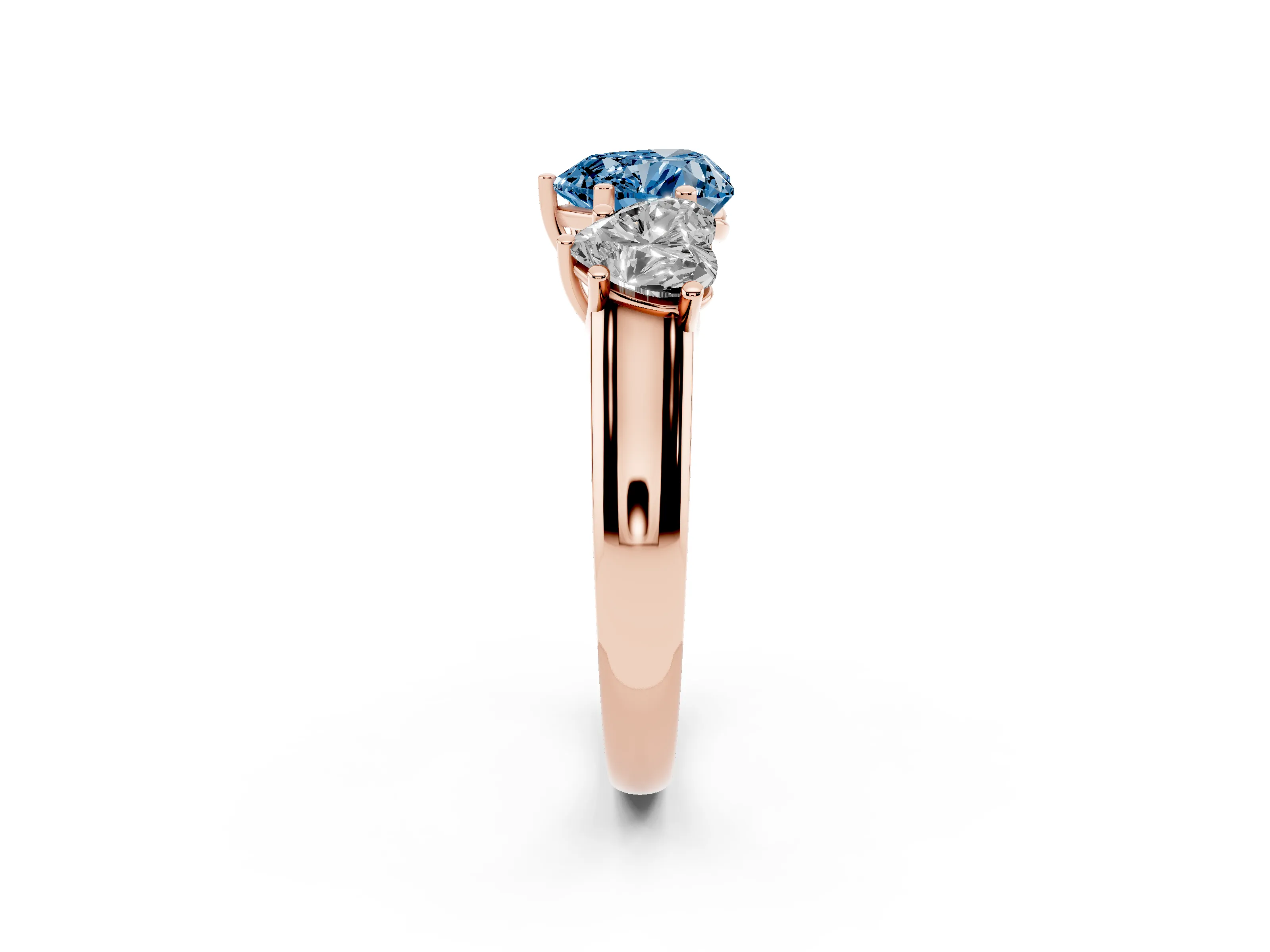 Fancy Blue Heart Cut Diamond Three-Stone Ring Set in Rose gold with Plain Polished Band