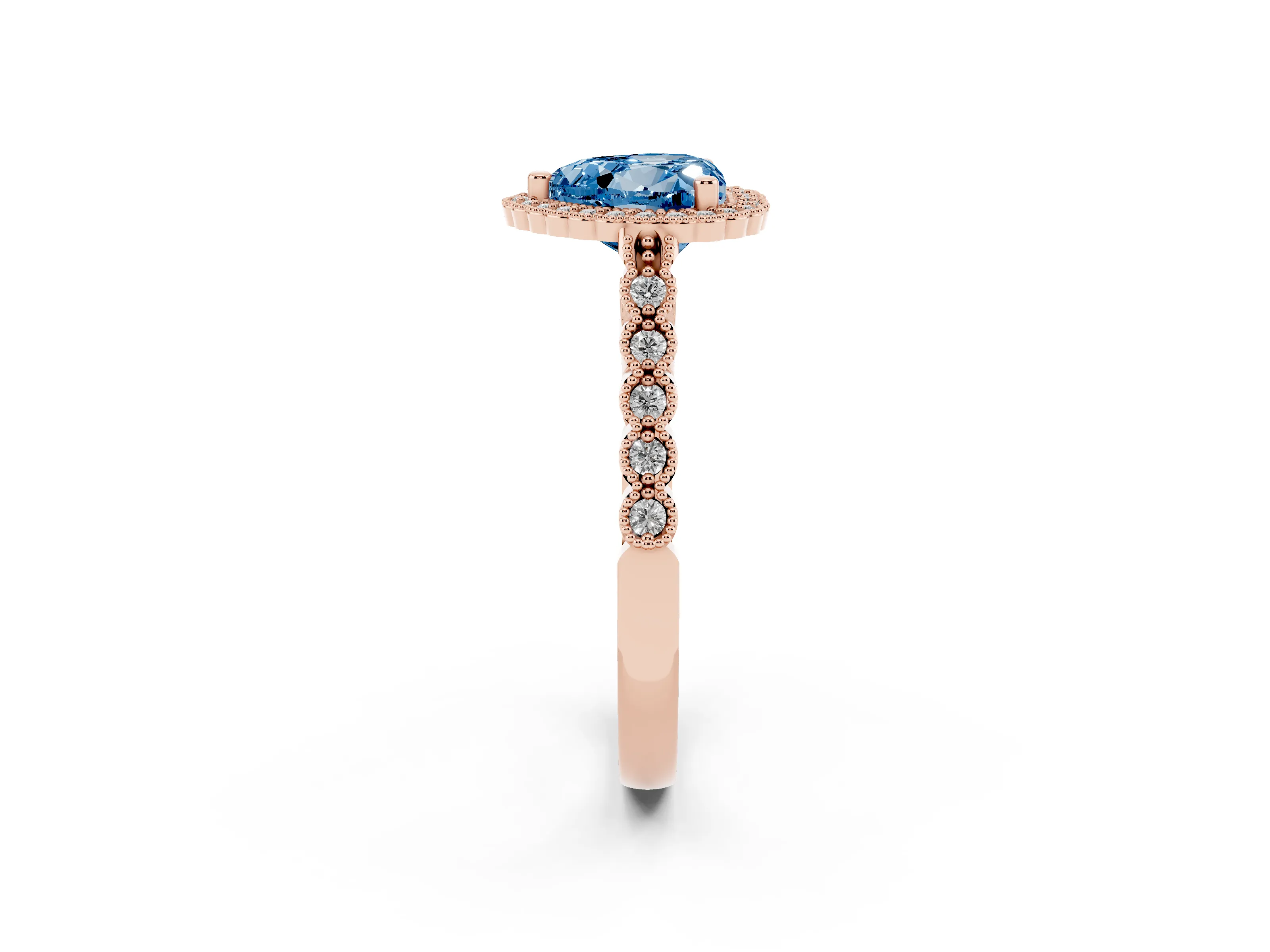 Fancy Blue Heart Cut Diamond Halo Ring Set in Rose gold with Pavé Milgrain Band