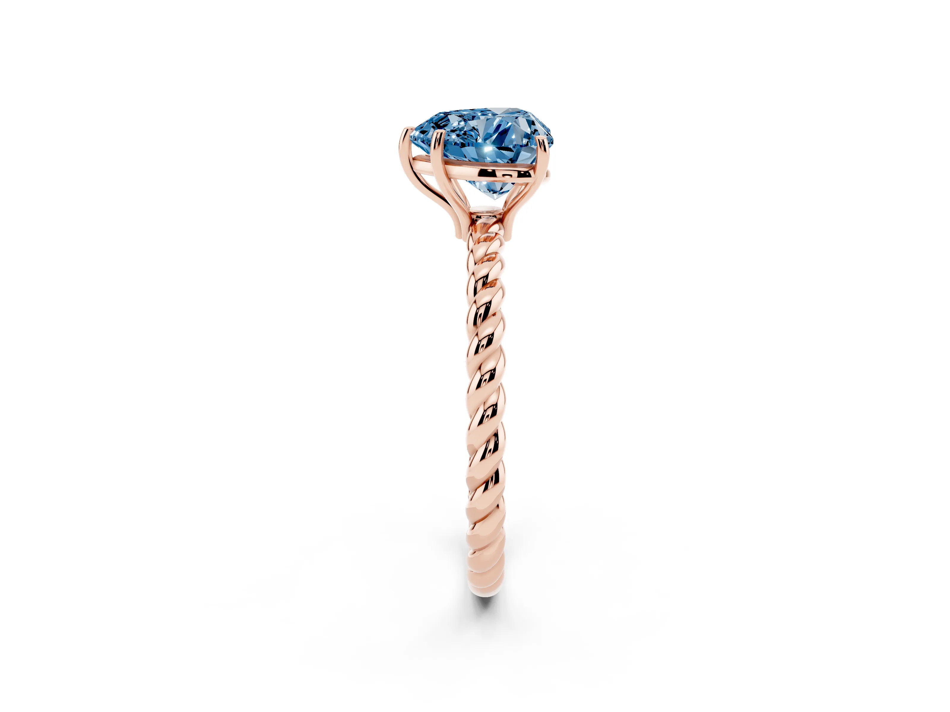 Fancy Blue Heart Cut Diamond Solitaire Ring Set in Rose gold with Twist Band and Prong Setting