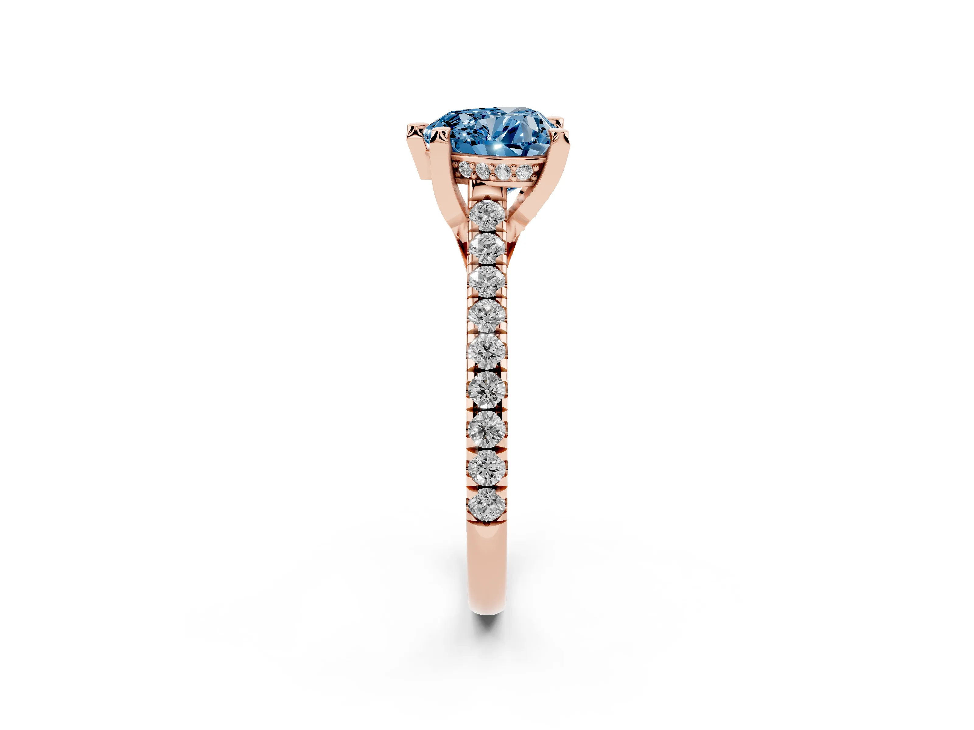 Fancy Blue Heart Cut Diamond Solitaire Ring Set in Rose gold with Brilliant Pavé Band and Prong Setting