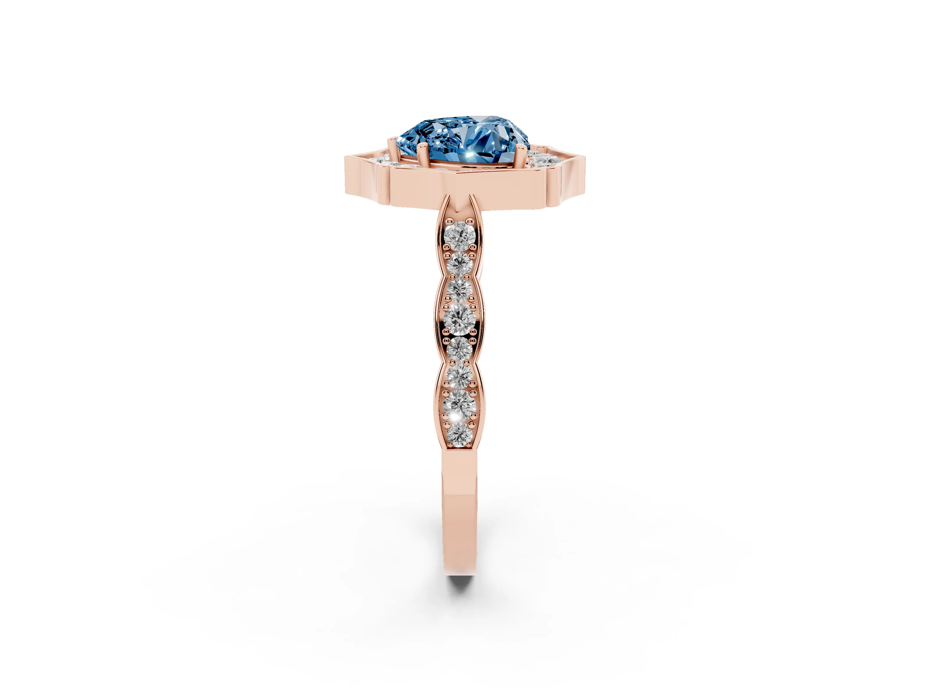 Fancy Blue Heart Cut Diamond Halo Engagement Ring Set in Rose gold with Milgrain Band and Prong Setting