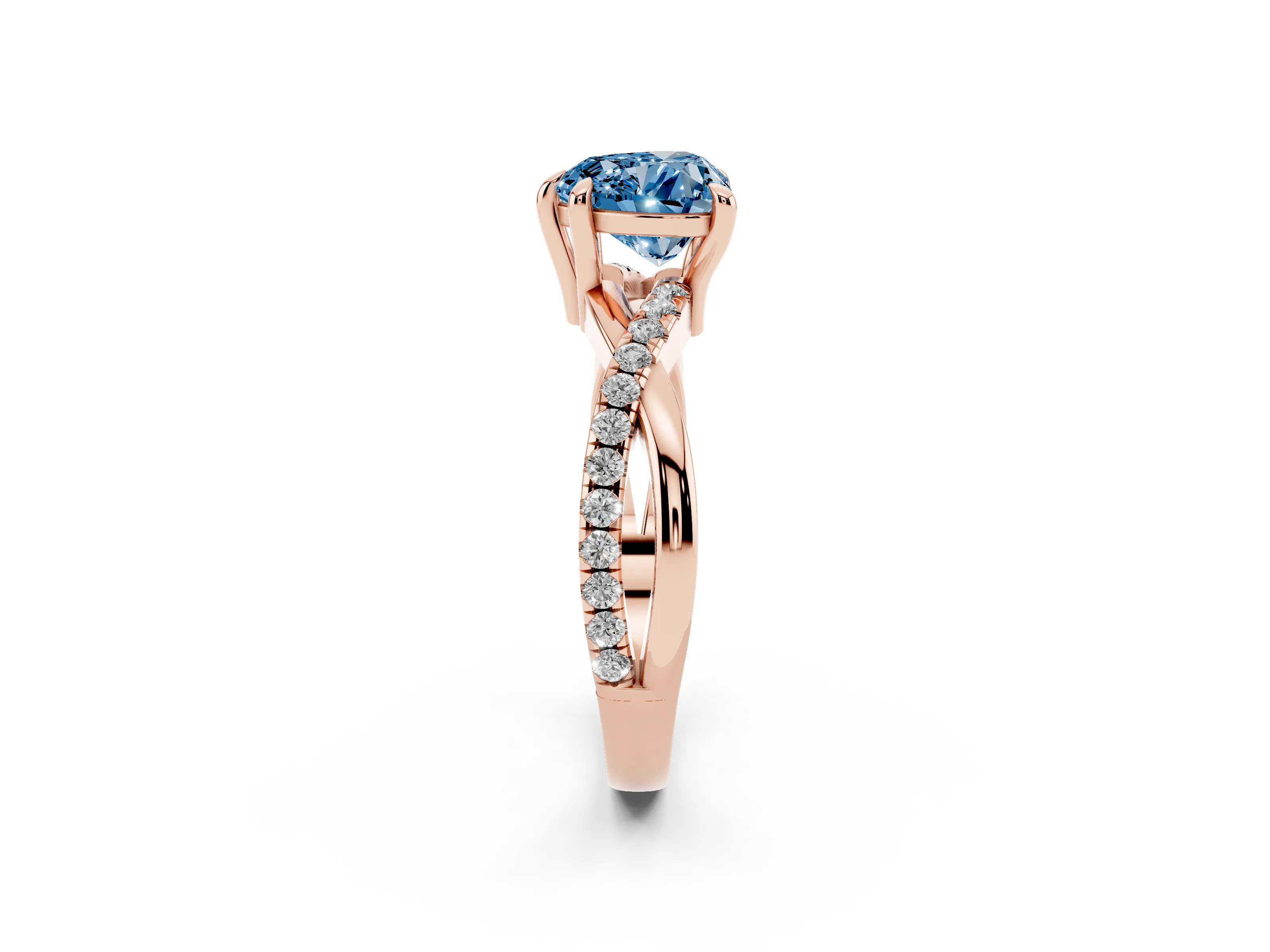 Fancy Blue Heart Cut Diamond Twist Band Solitaire Set in Rose gold with Pavé Accents and Prong Setting