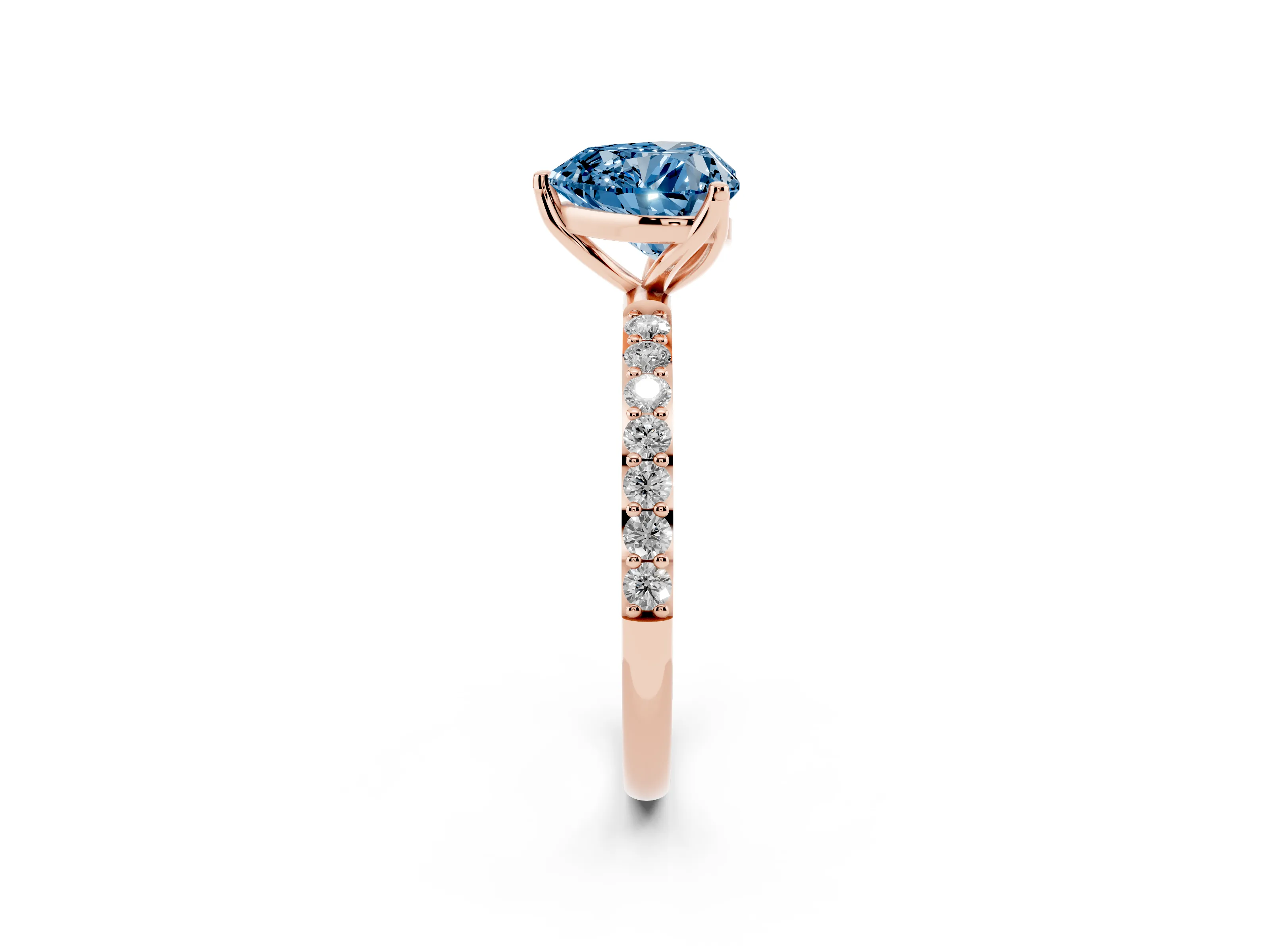 Fancy Blue Heart Cut Diamond Solitaire Engagement Ring Set in Rose gold with Round Pavé Band and Prong Setting