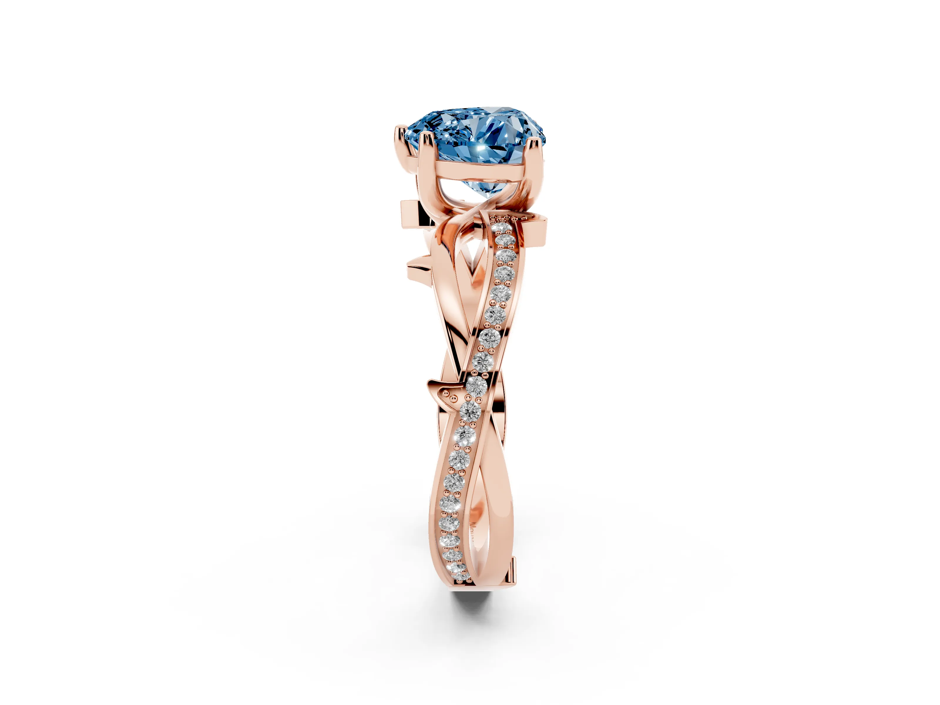 Fancy Blue Heart Cut Diamond Pavé Twist Band Solitaire Ring Set in Rose gold with Prong Setting