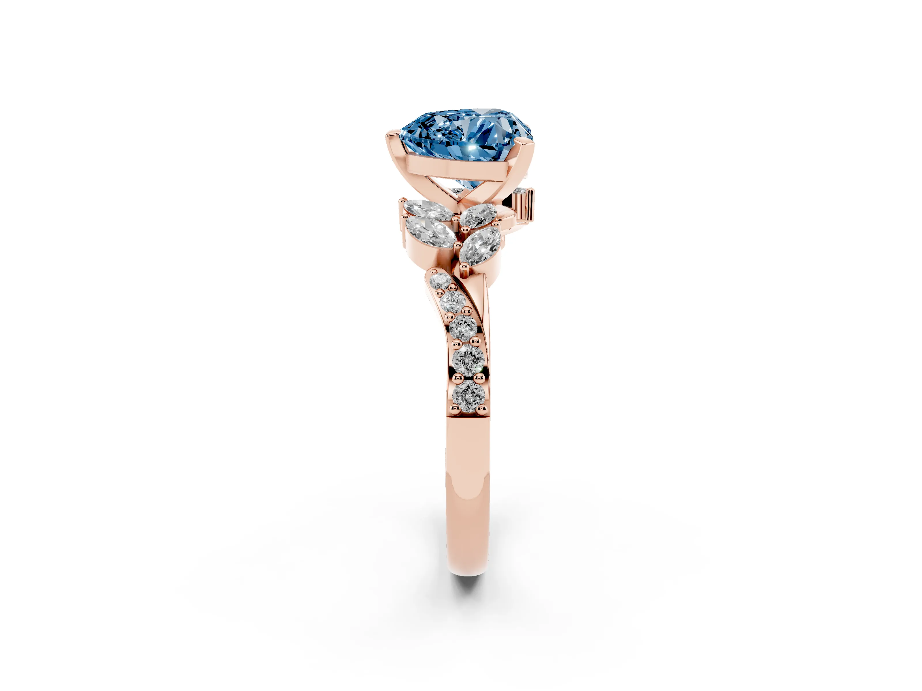 Fancy Blue Heart Cut Diamond Solitaire Ring Set in Rose gold with Marquise Twist Band and Prong Setting