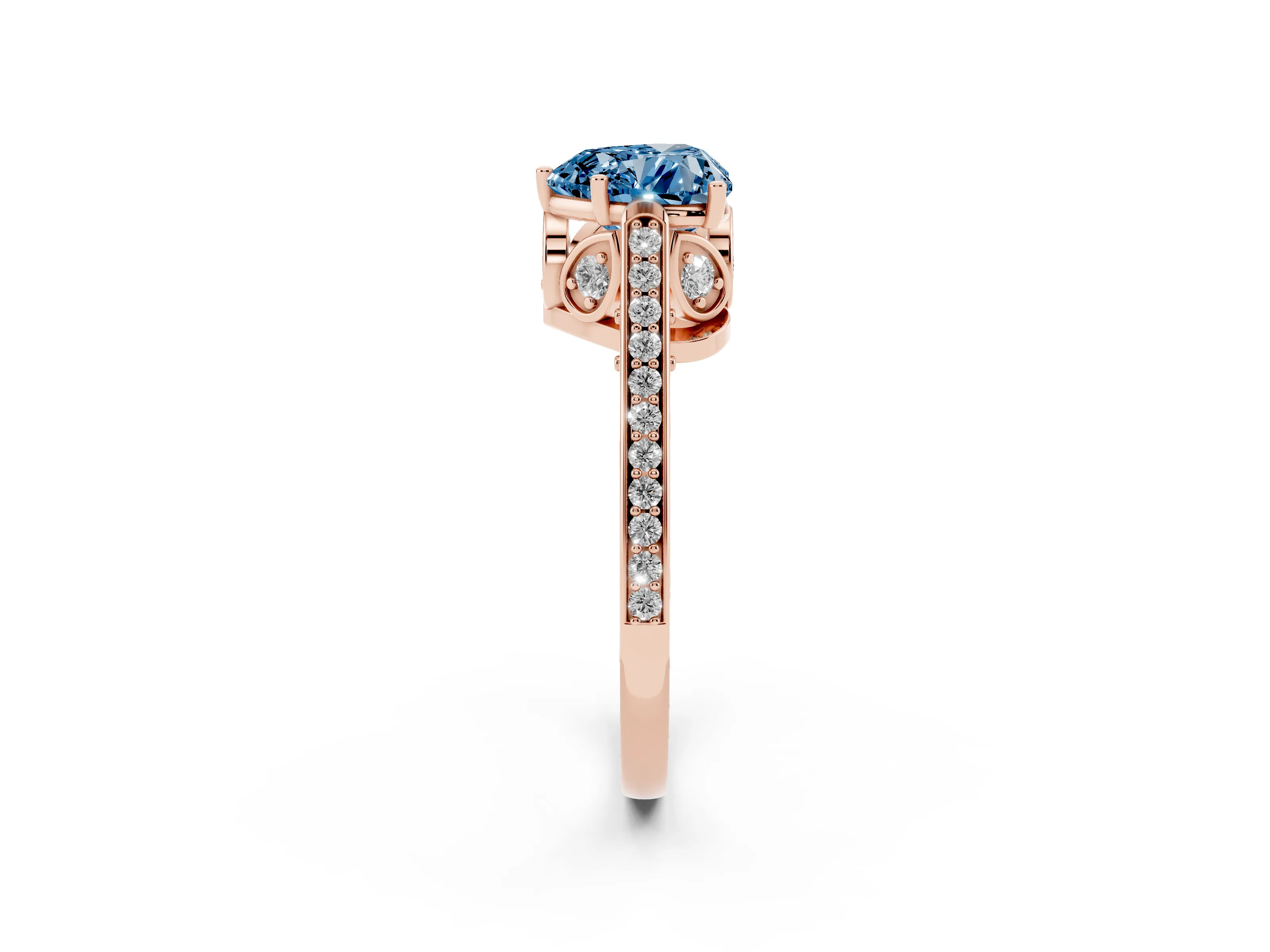 Fancy Blue Heart Cut Diamond Cathedral Pavé Engagement Ring Set in Rose gold with Prong Setting