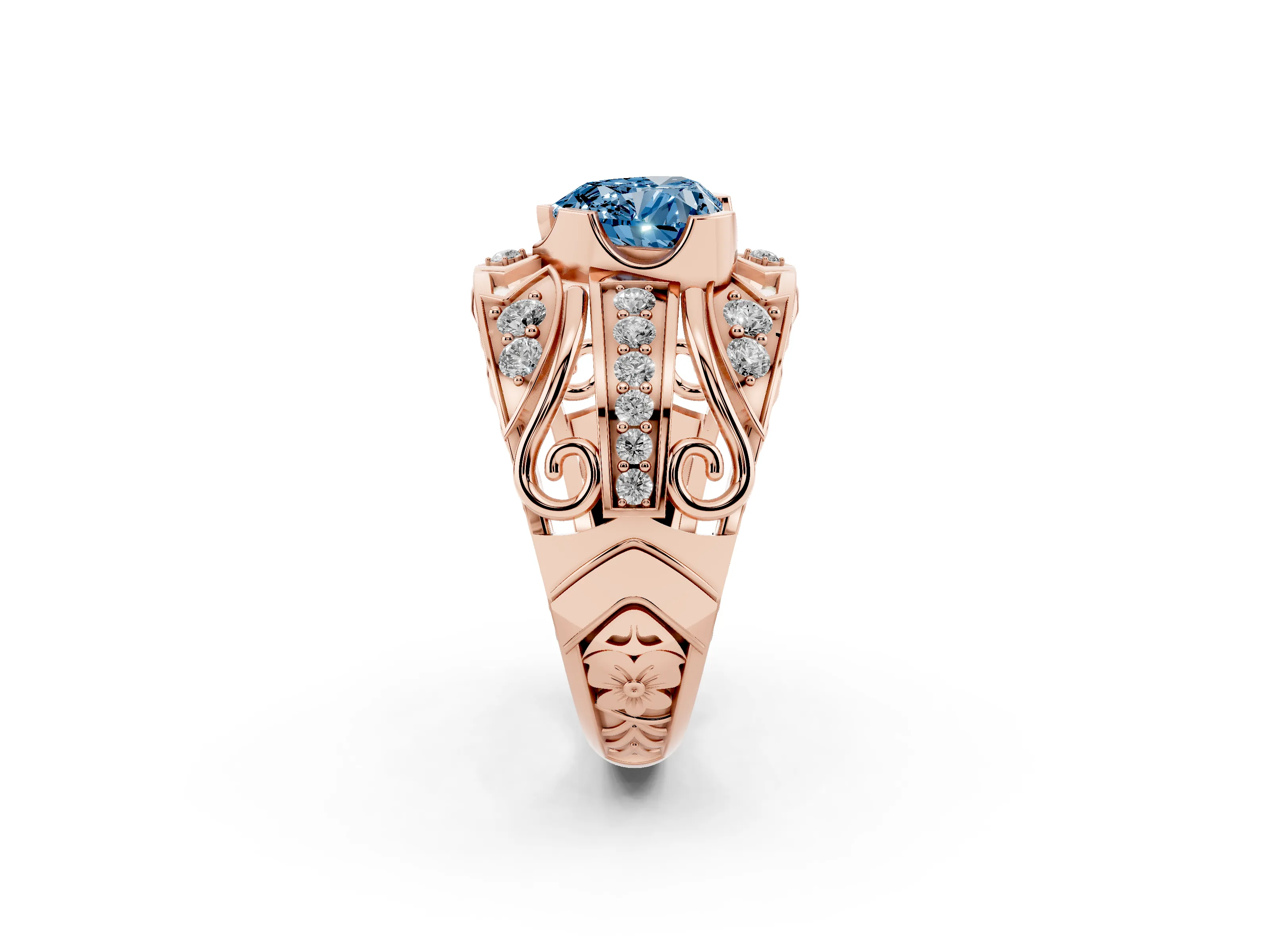 Fancy Blue Heart Cut Diamond Art Deco Ring Set in Rose gold with Pavé Split Shank