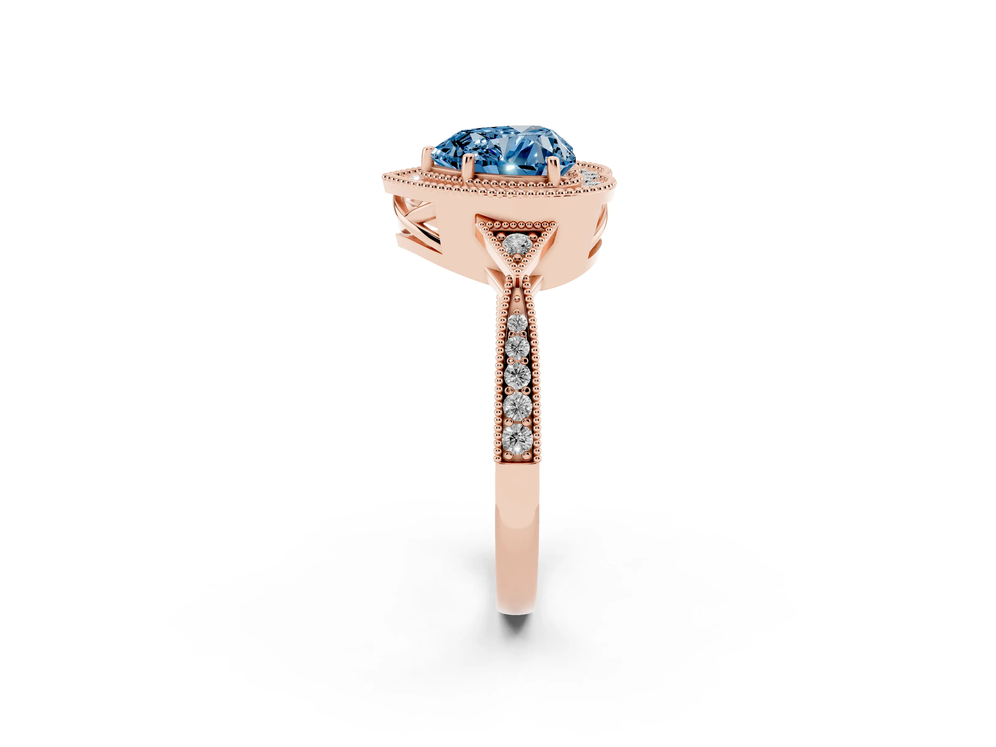Fancy Blue Heart Cut Diamond Halo Engagement Ring Set in Rose gold with Milgrain Pavé Band