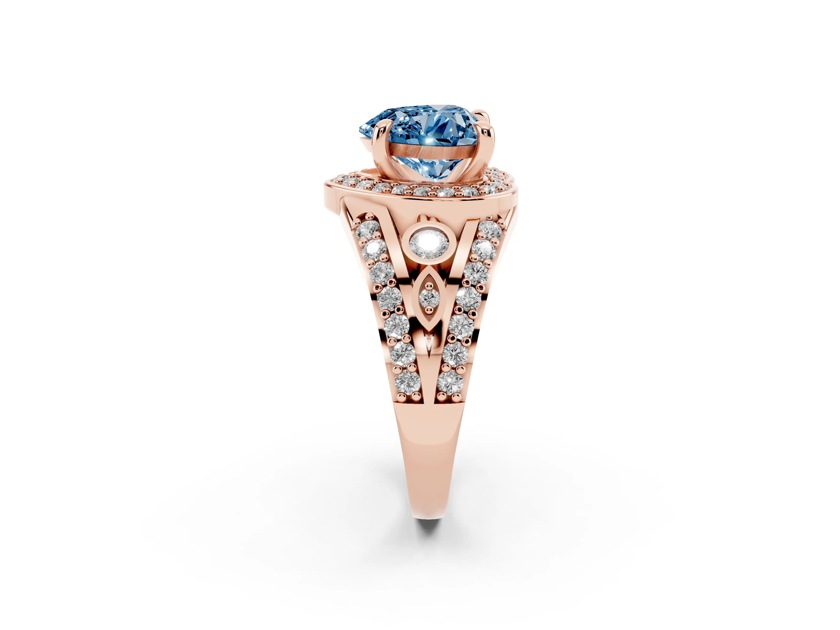 Fancy Blue Heart Cut Diamond Halo Ring Set in Rose gold with Pavé Split Shank and Bezel Accents