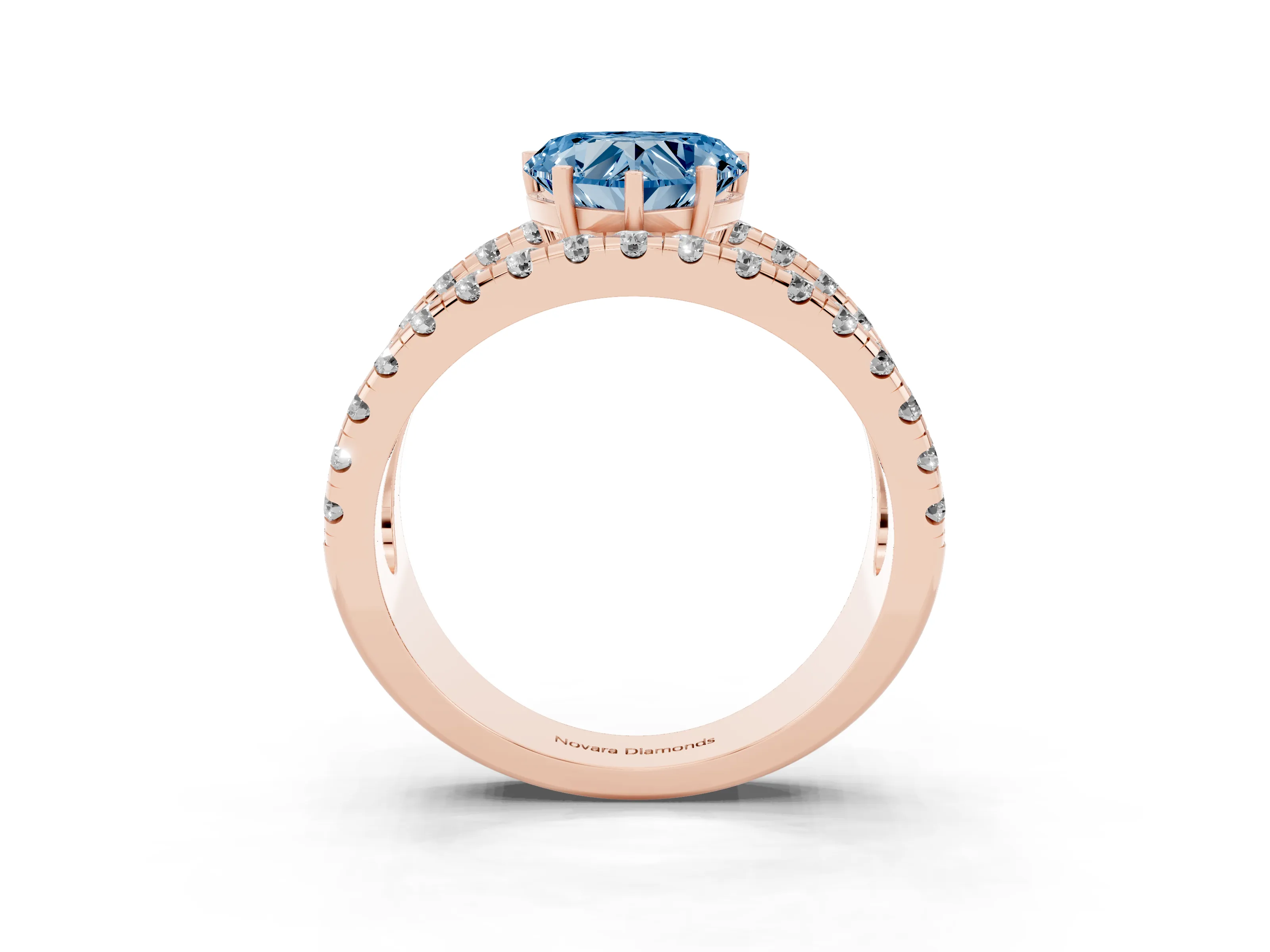 Fancy Blue Heart Cut Diamond Split Shank Pavé Solitaire Ring Set in Rose gold with Open Shank Design