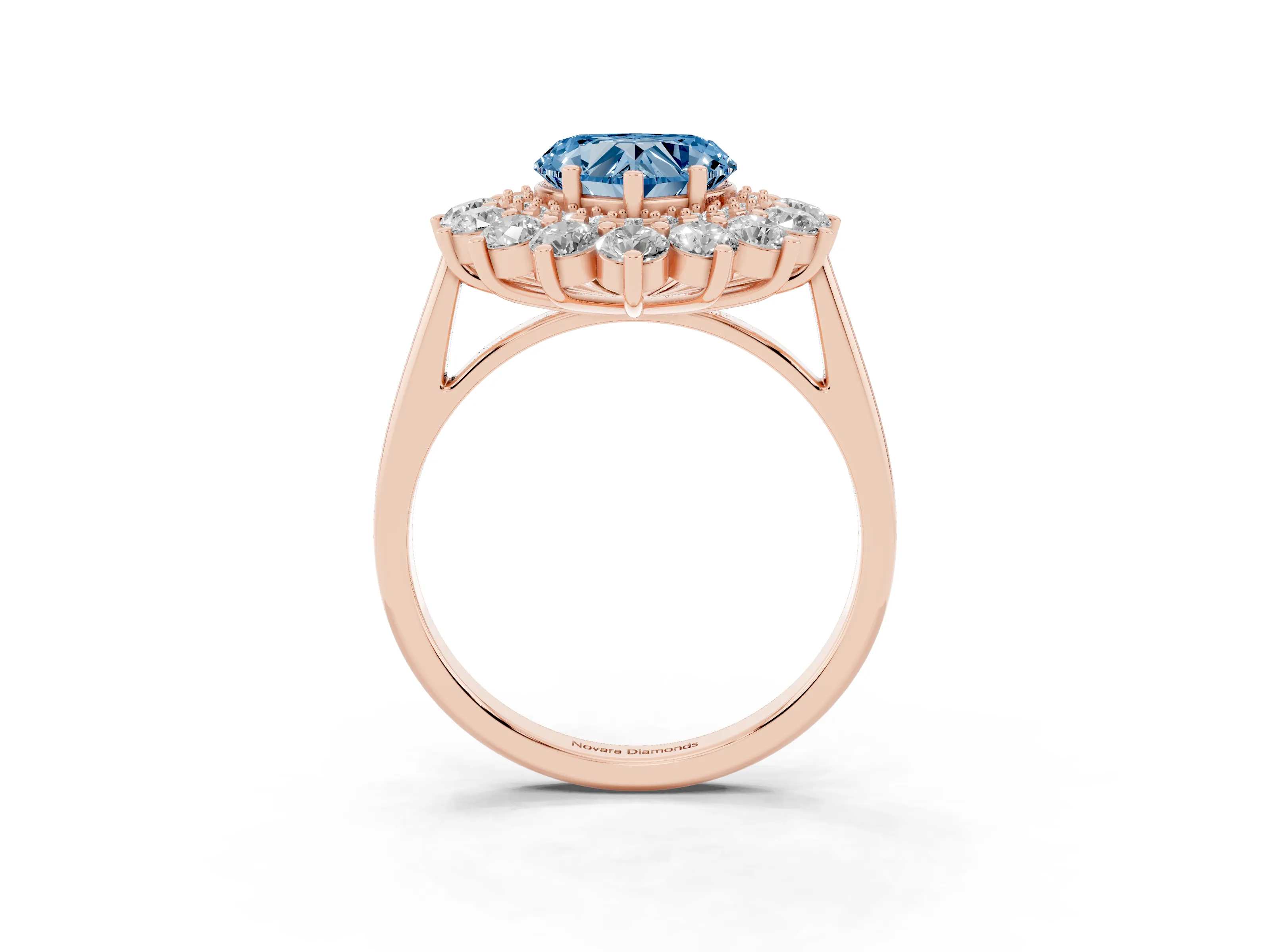 Fancy Blue Heart Cut Diamond Floral Double Halo Ring Set in Rose gold with Round Petals