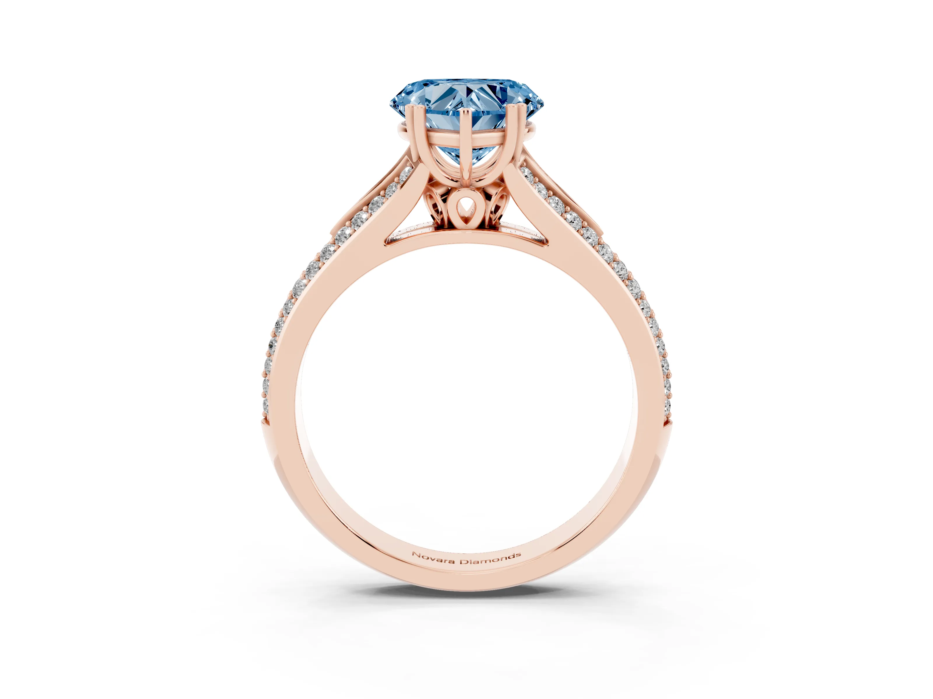 Fancy Blue Heart Cut Diamond Split Shank Pavé Engagement Ring Set in Rose gold with Prong-Set Center Stone