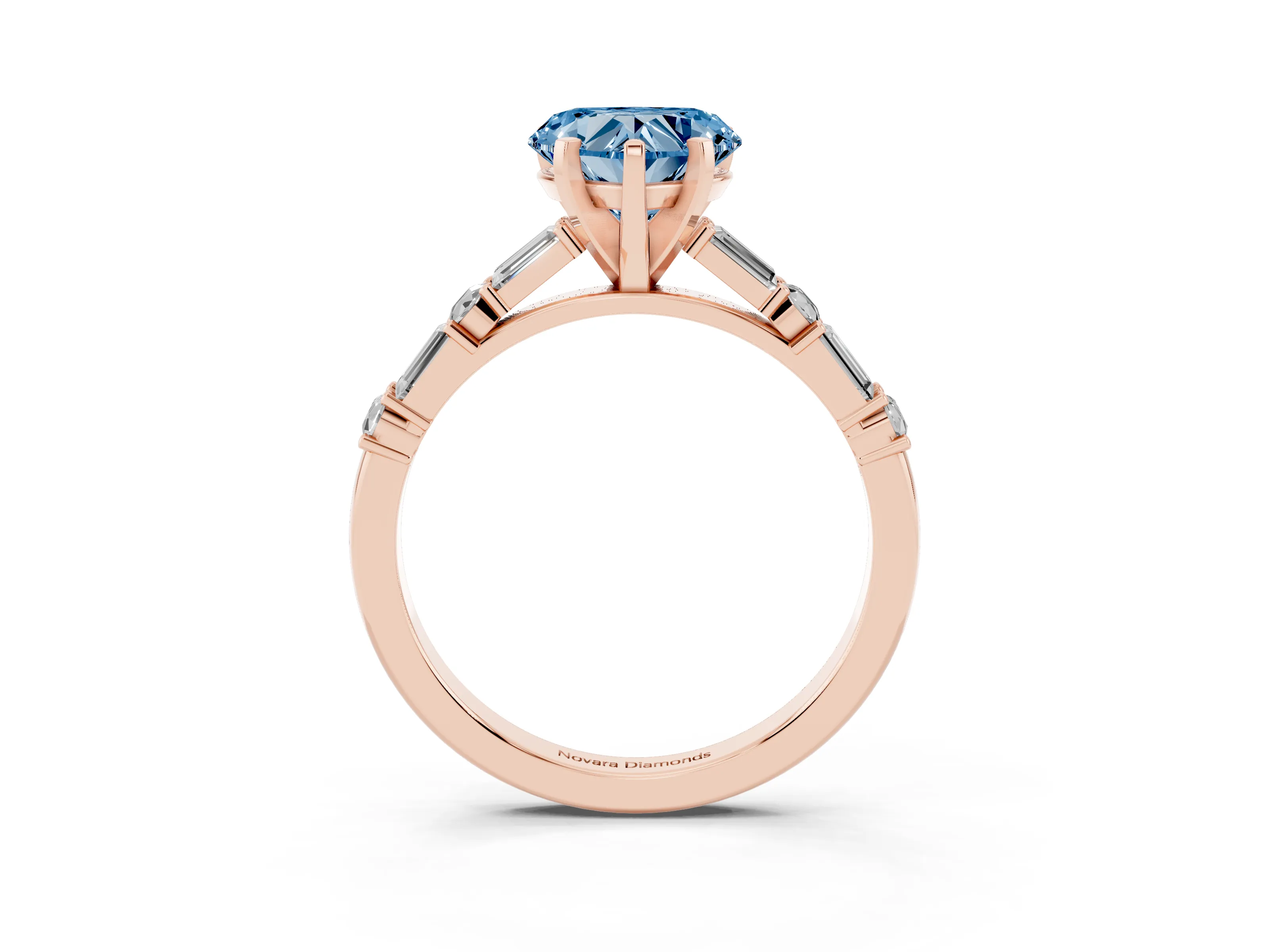 Fancy Blue Heart Cut Diamond Solitaire Set in Rose gold with Side Baguettes and Channel Set Band