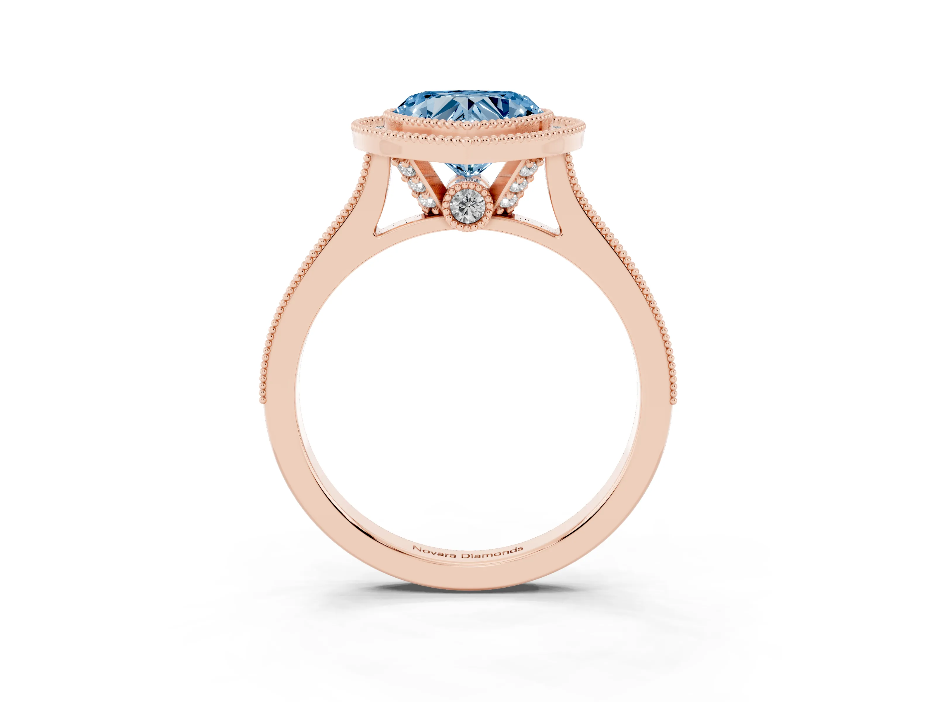 Fancy Blue Heart Cut Diamond Halo Milgrain Pavé Band Ring Set in Rose gold with Prong Setting