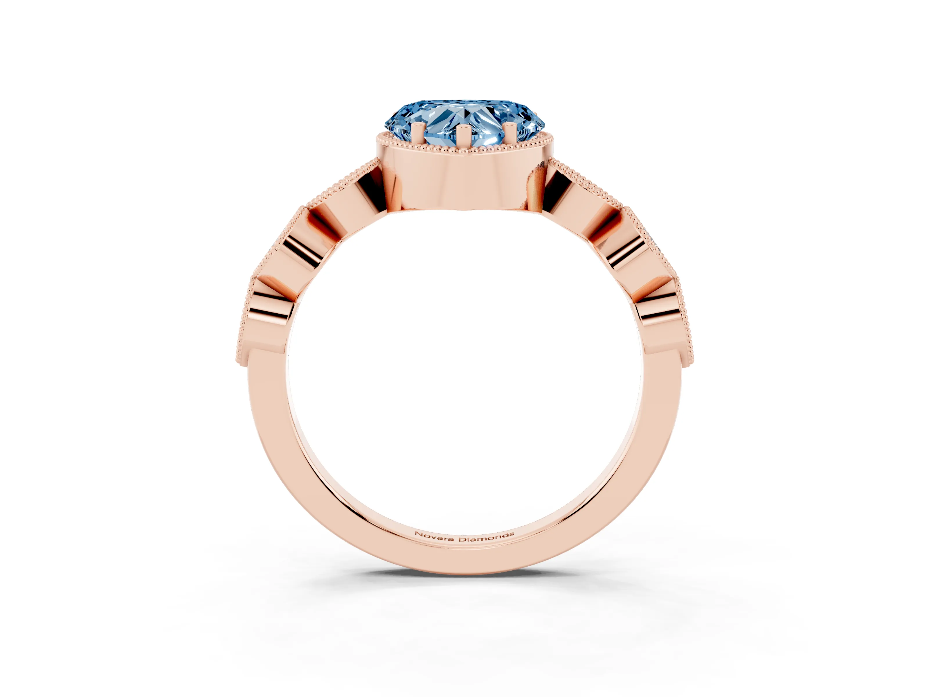 Fancy Blue Heart Cut Diamond Vintage-Inspired Milgrain Ring Set in Rose gold with Marquise Stations of Round Accents