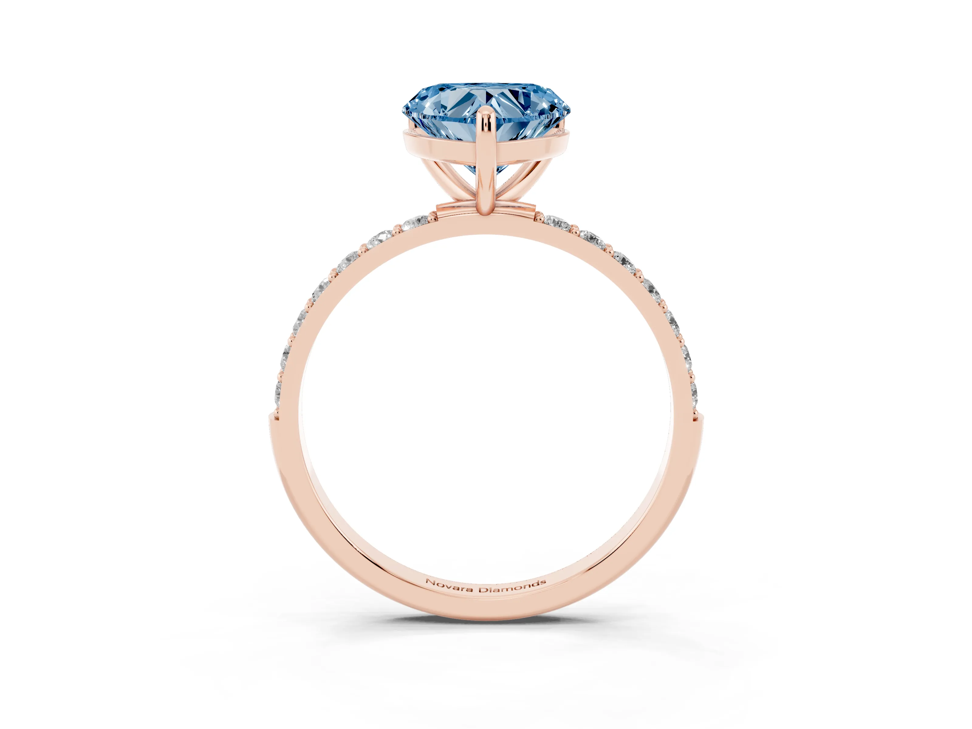 Fancy Blue Heart Cut Diamond Solitaire Ring Set in Rose gold with Round Pavé Band and Prong Setting