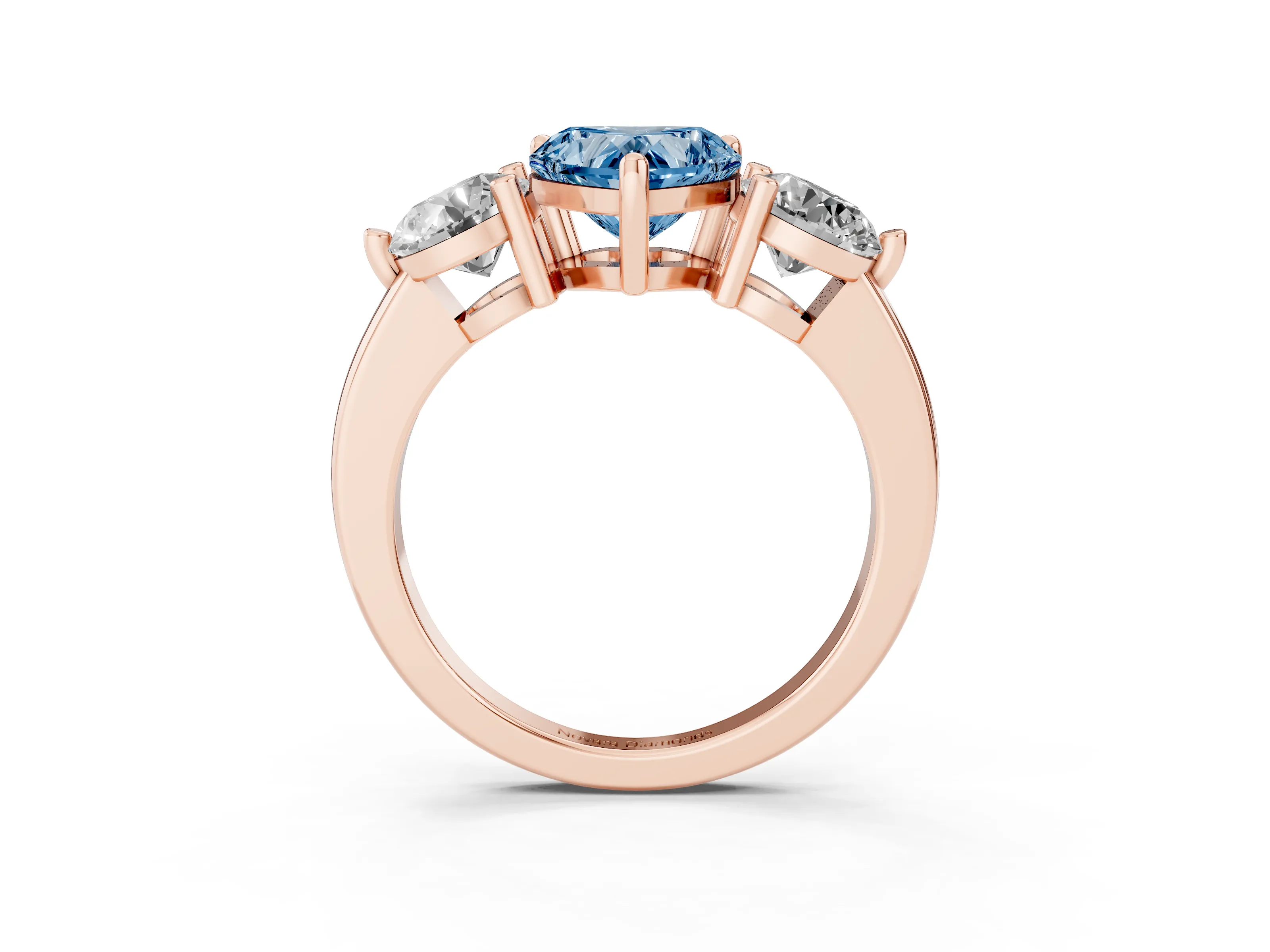 Fancy Blue Heart Cut Diamond Three-Stone Ring Set in Rose gold with Prong Setting and Classic Band