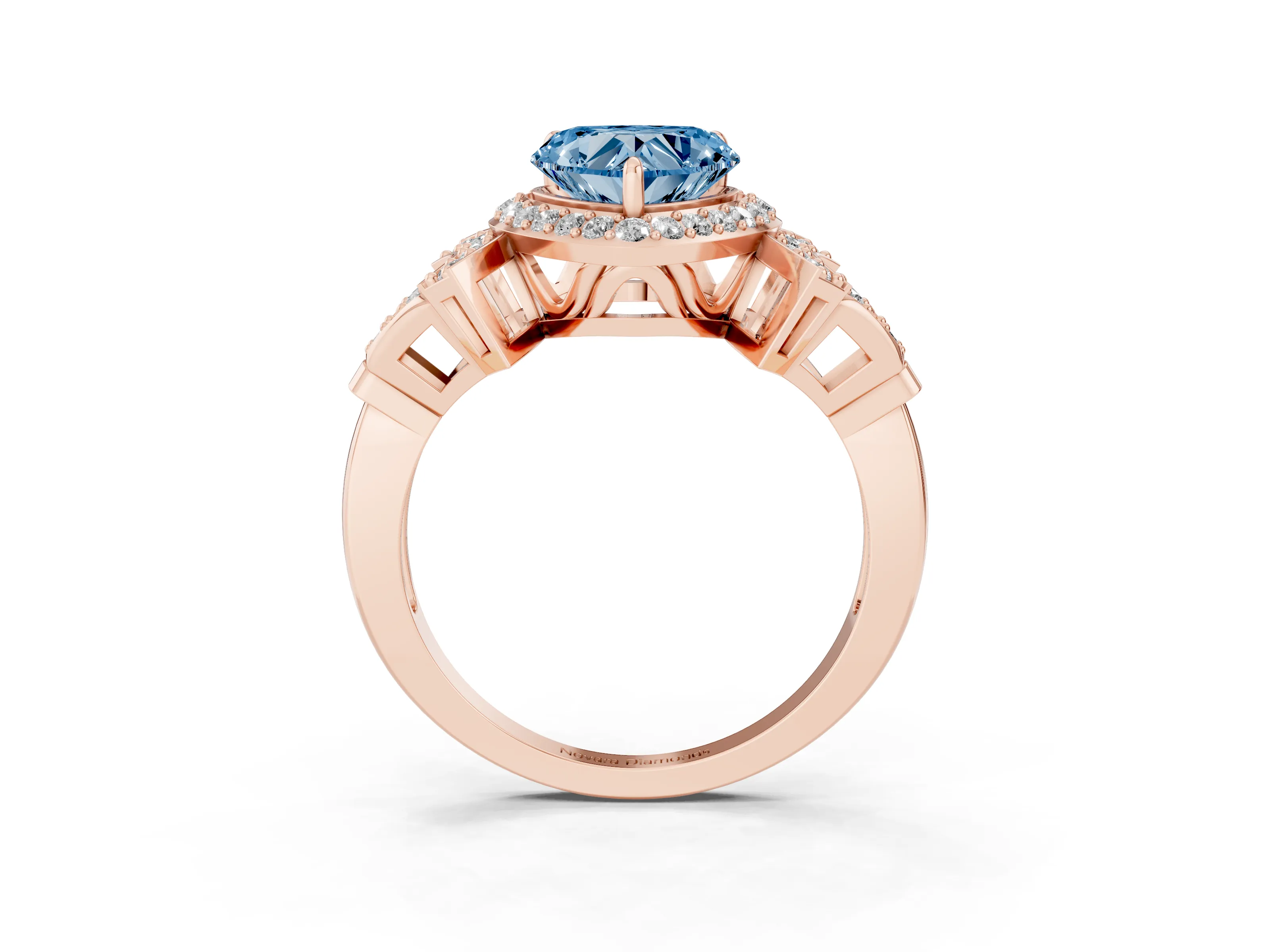 Fancy Blue Heart Cut Diamond Halo Engagement Ring Set in Rose gold with Accent Stone Split Shank