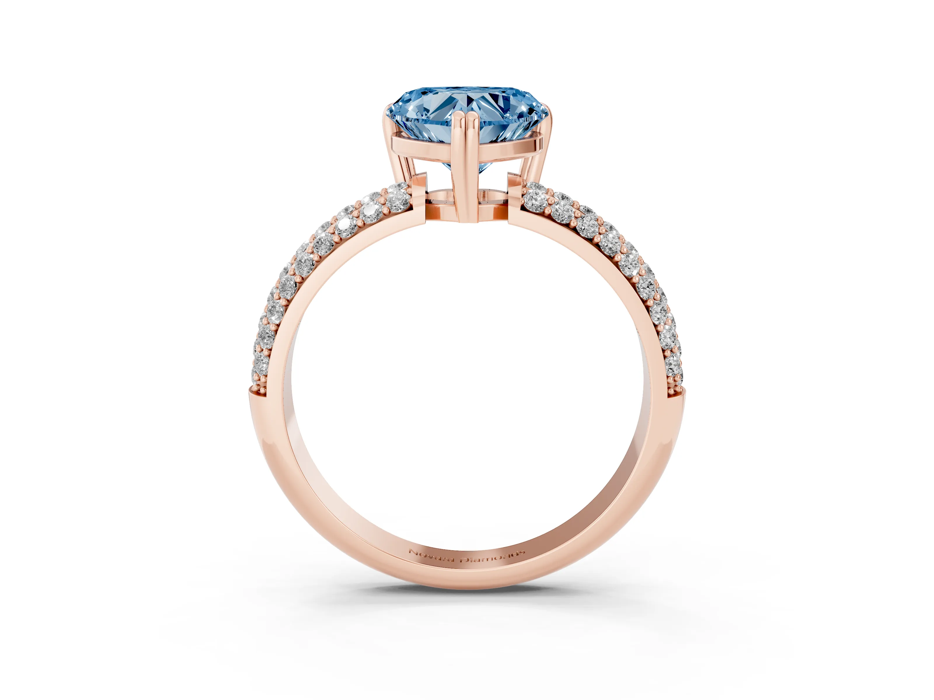 Fancy Blue Heart Cut Diamond Solitaire Ring Set in Rose gold with Multi-Row Round Pavé Band and Prong Setting