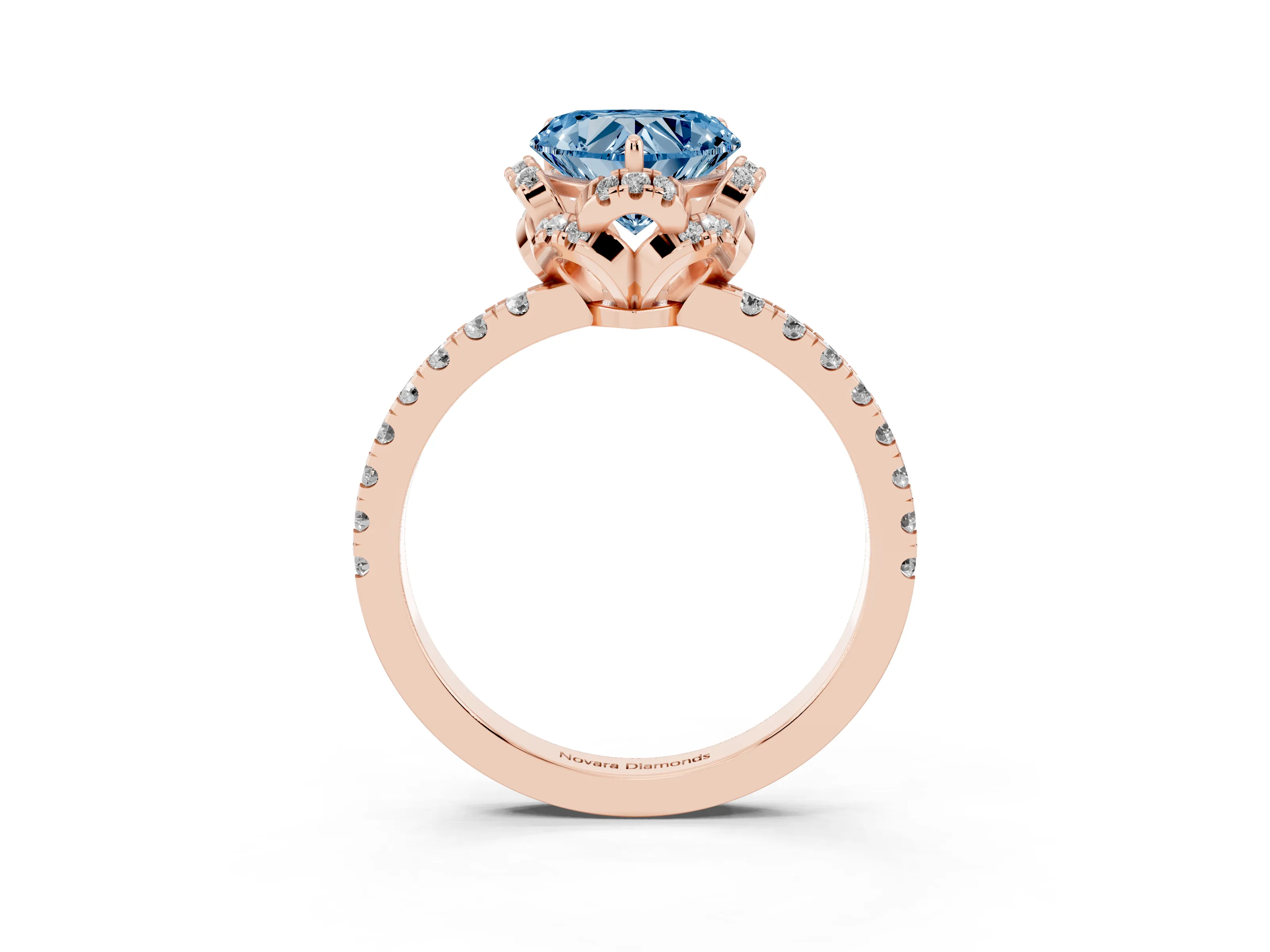 Fancy Blue Heart Cut Diamond Halo Pavé Band Ring Set in Rose gold with Prong-Held Center
