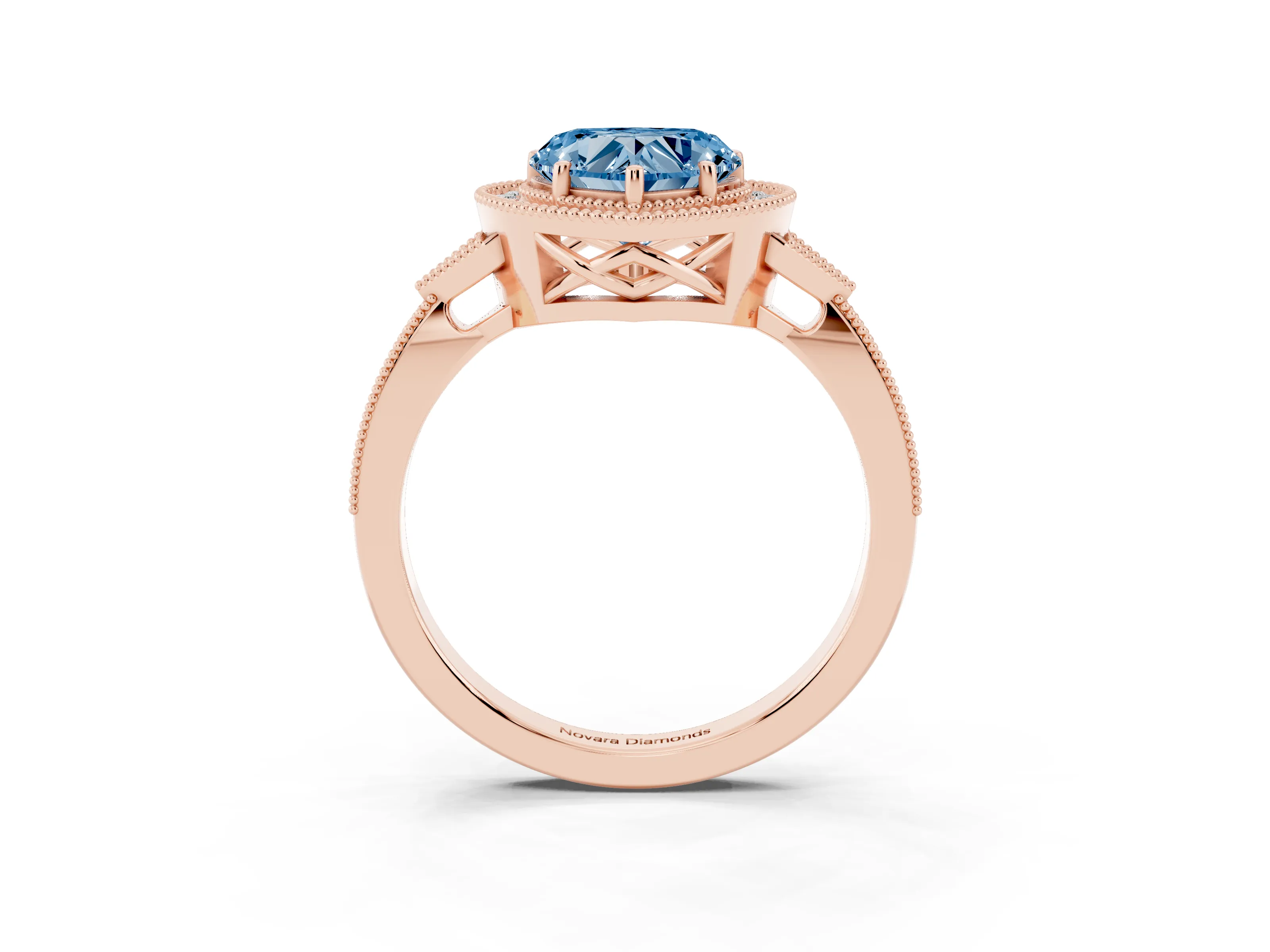 Fancy Blue Heart Cut Diamond Halo Engagement Ring Set in Rose gold with Milgrain Pavé Band