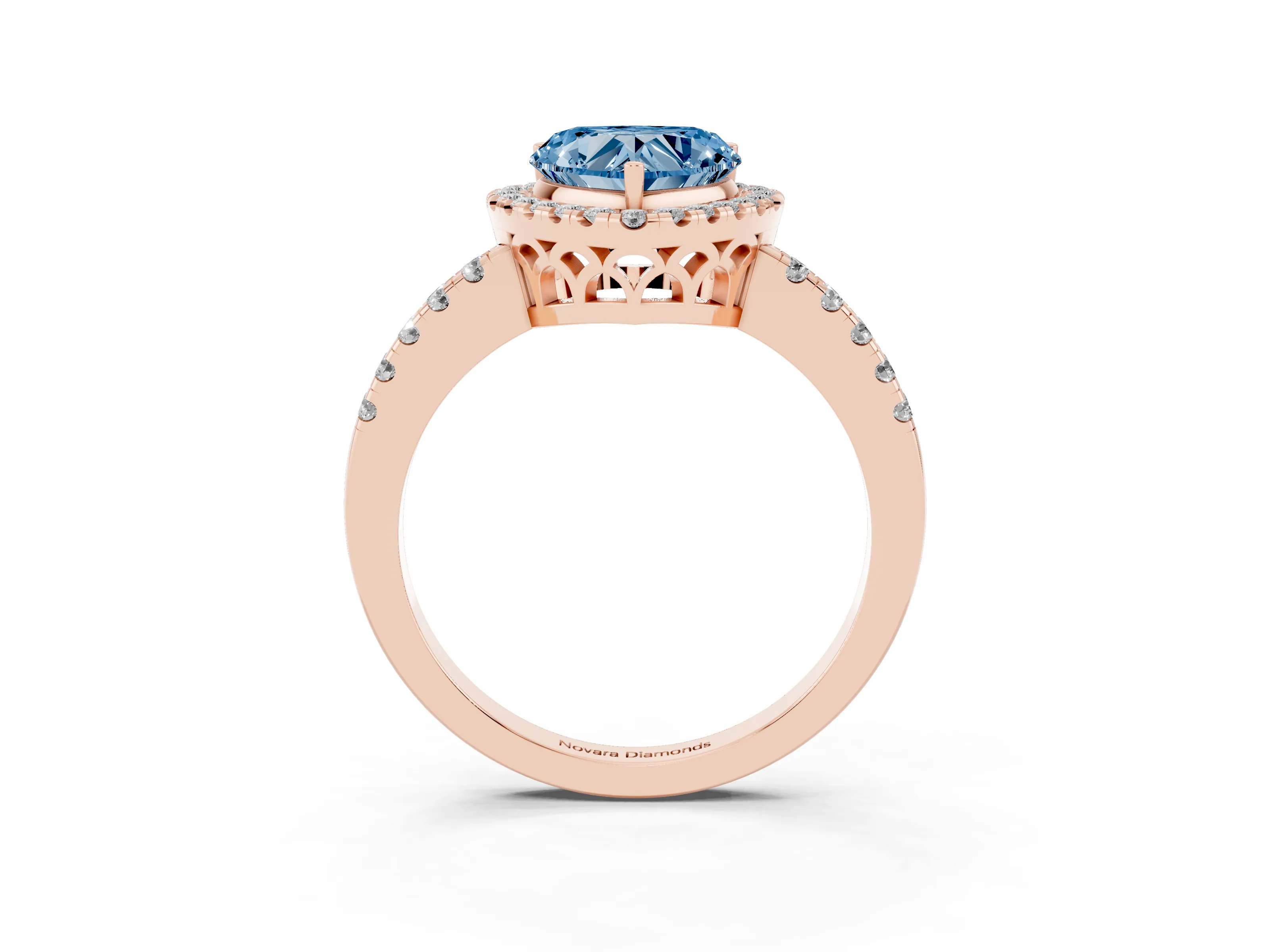 Fancy Blue Heart Cut Diamond Pavé Band Halo Engagement Ring Set in Rose gold with Prong Setting