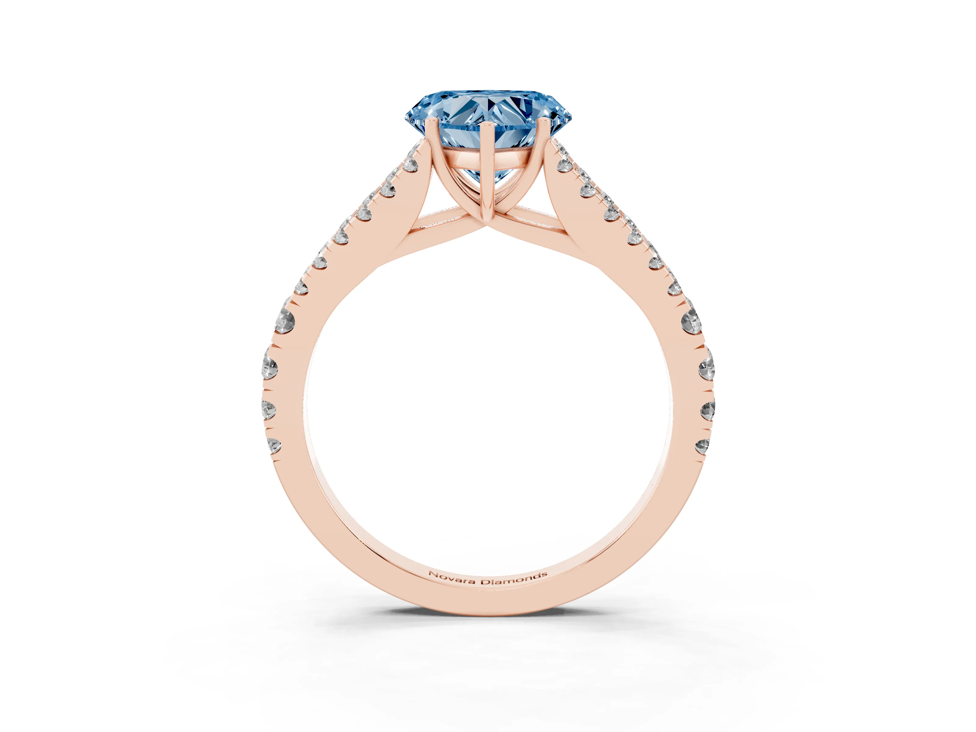 Fancy Blue Heart Cut Diamond Split Shank Pavé Engagement Ring Set in Rose gold with Prong-Held Center Stone