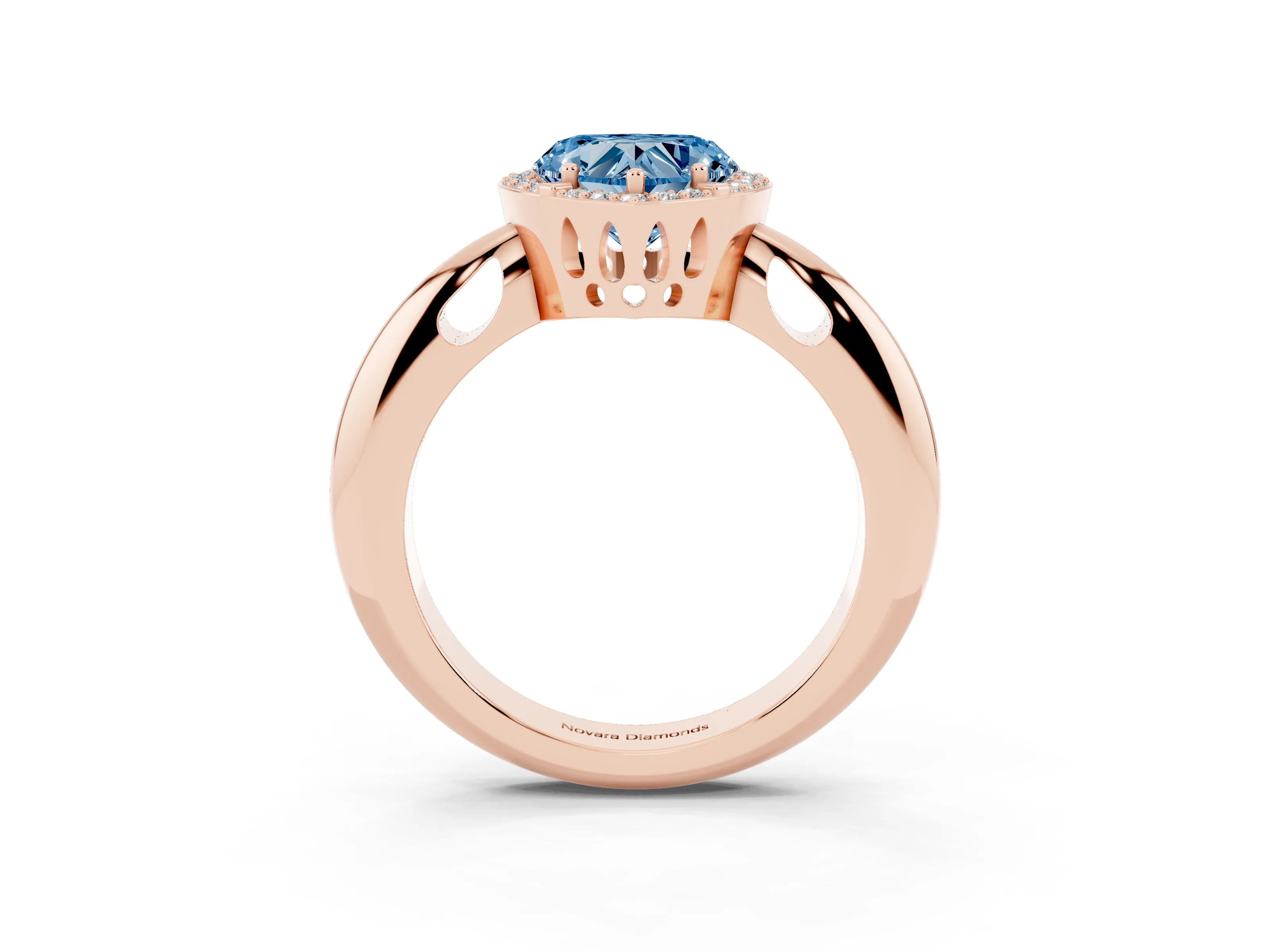 Fancy Blue Heart Cut Diamond Halo Engagement Ring Set in Rose gold with Plain Split Shank and Prong Setting