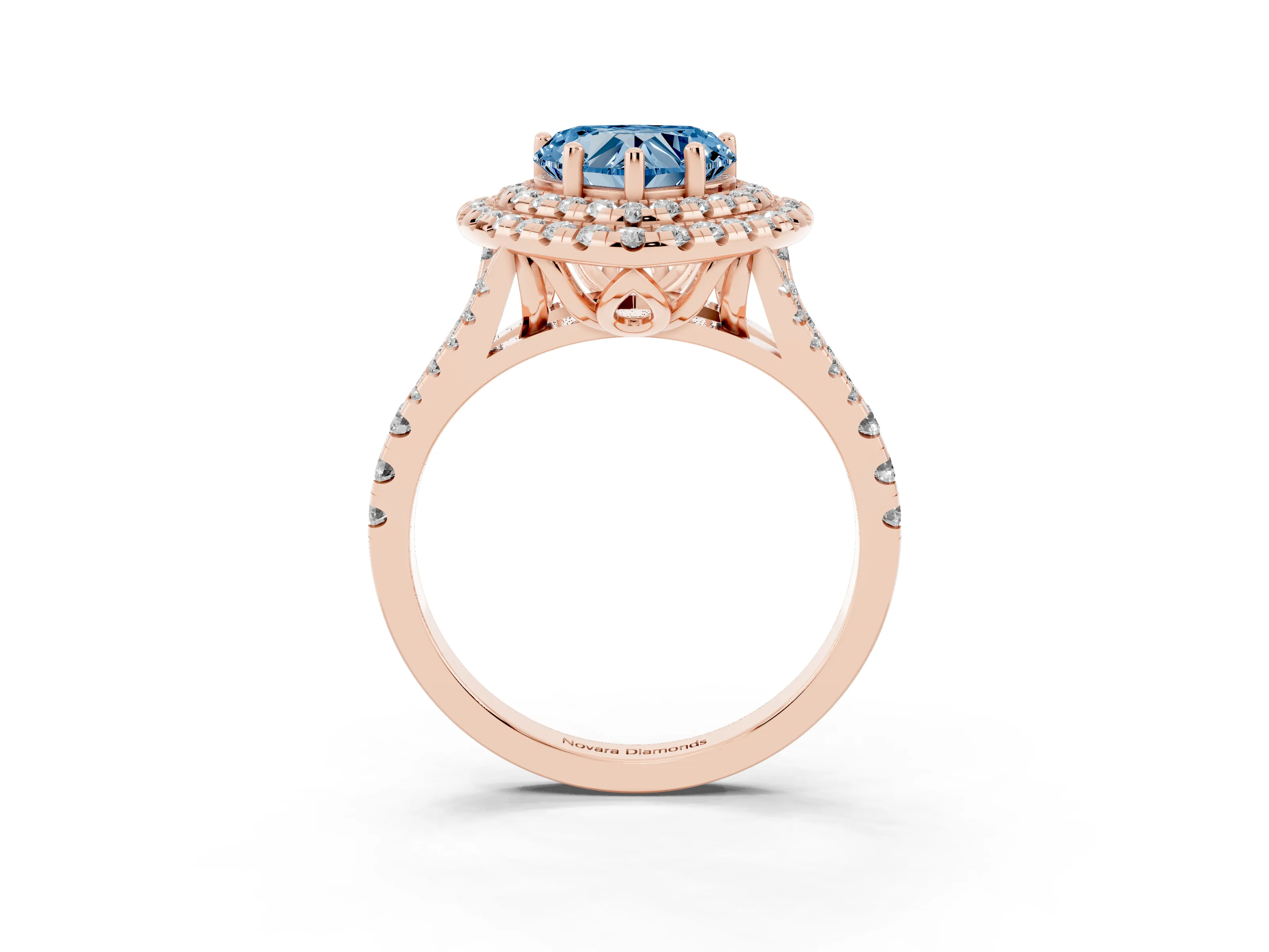 Fancy Blue Heart Cut Diamond Double Halo Ring Set in Rose gold with Pavé Split Shank and Prong Setting