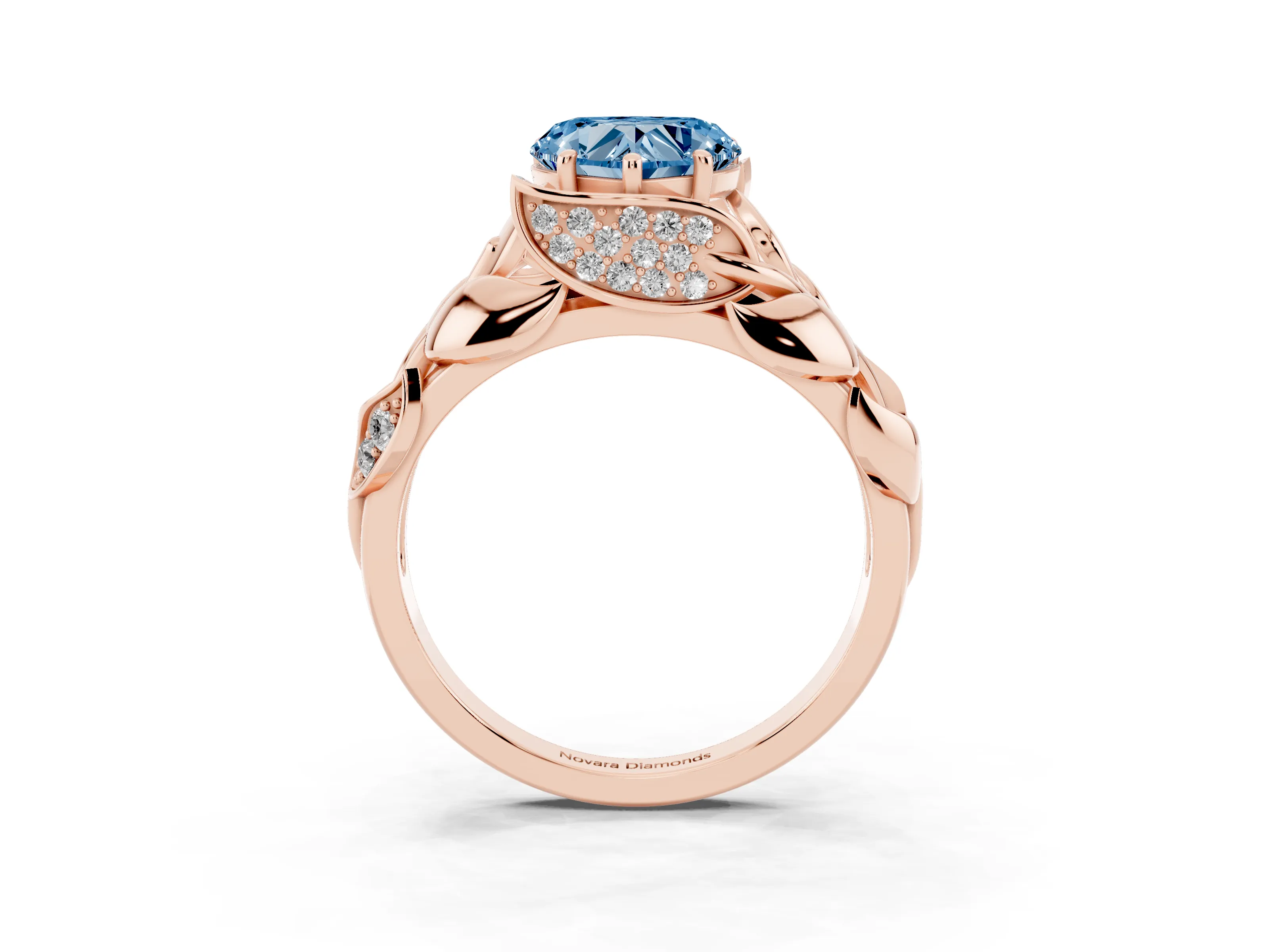 Fancy Blue Heart Cut Diamond Leaf-Inspired Engagement Ring Set in Rose gold with Round Accents
